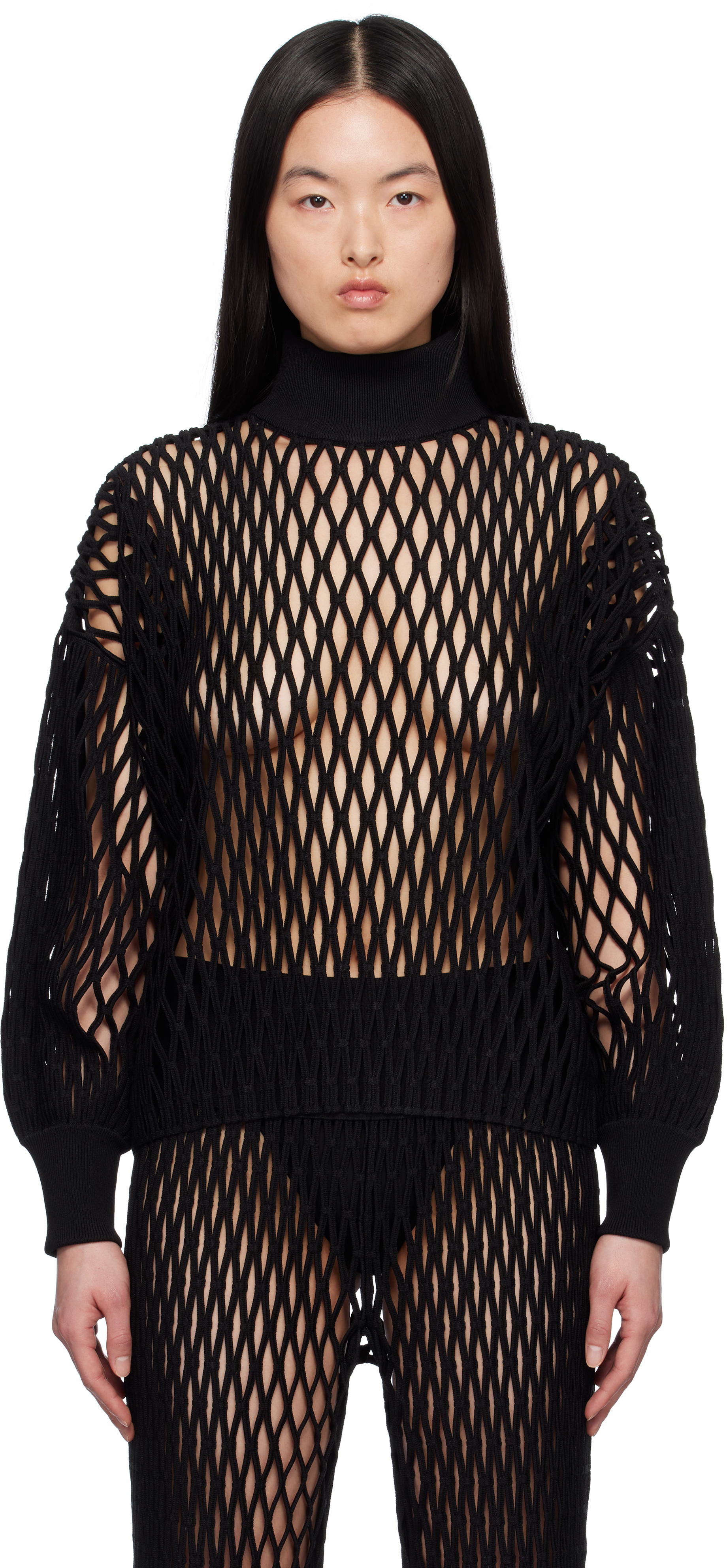 ALAÏA Black Macramé Knit Loose Turtleneck