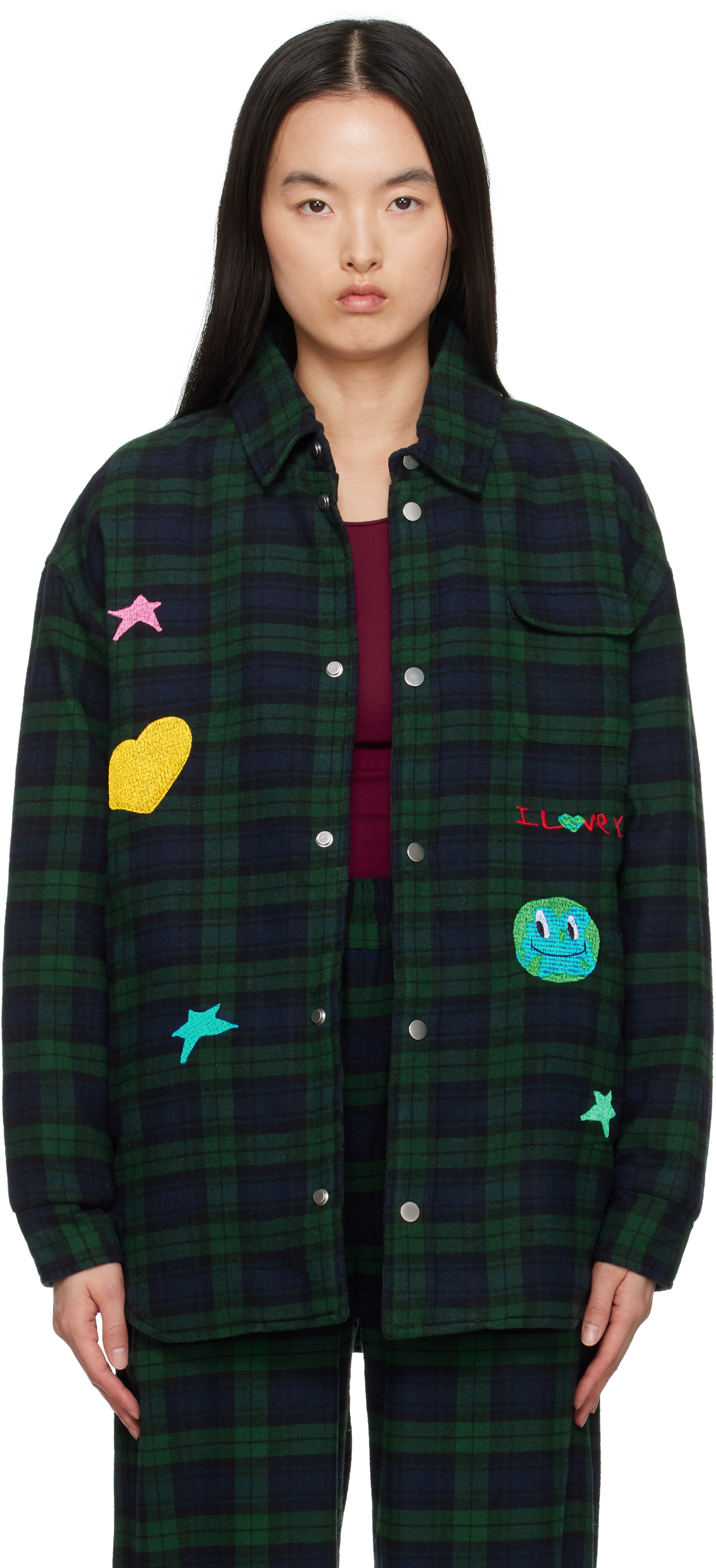 Kids Worldwide Navy & Green Universe Padded Jacket In Plaid