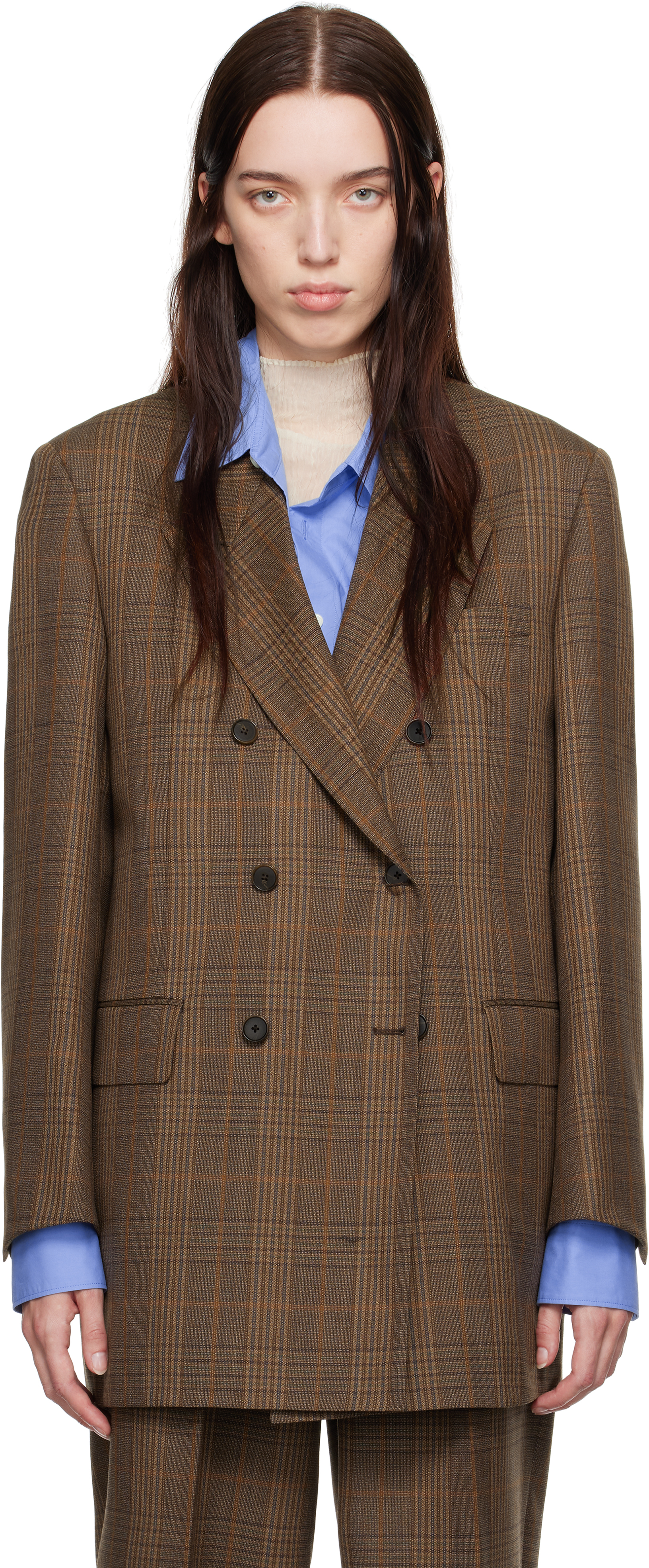 Shop Auralee Brown Bluefaced Wool Check Double-breasted Blazer In Brown Check