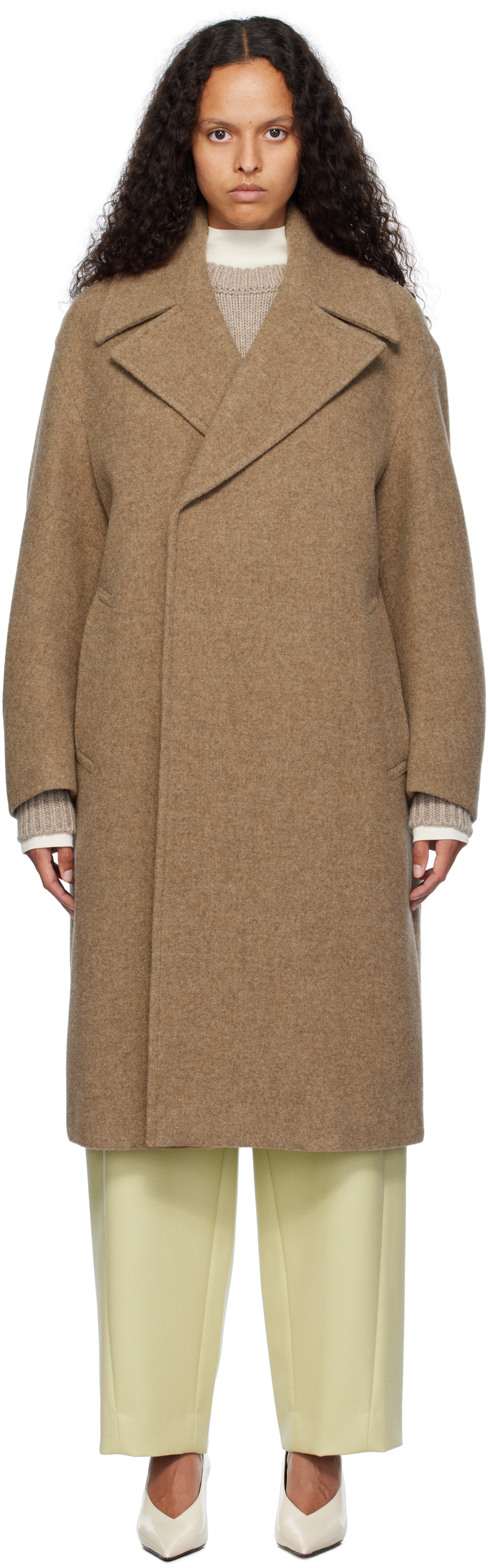 Brown Sponge Wool Melton Double-Breasted Coat