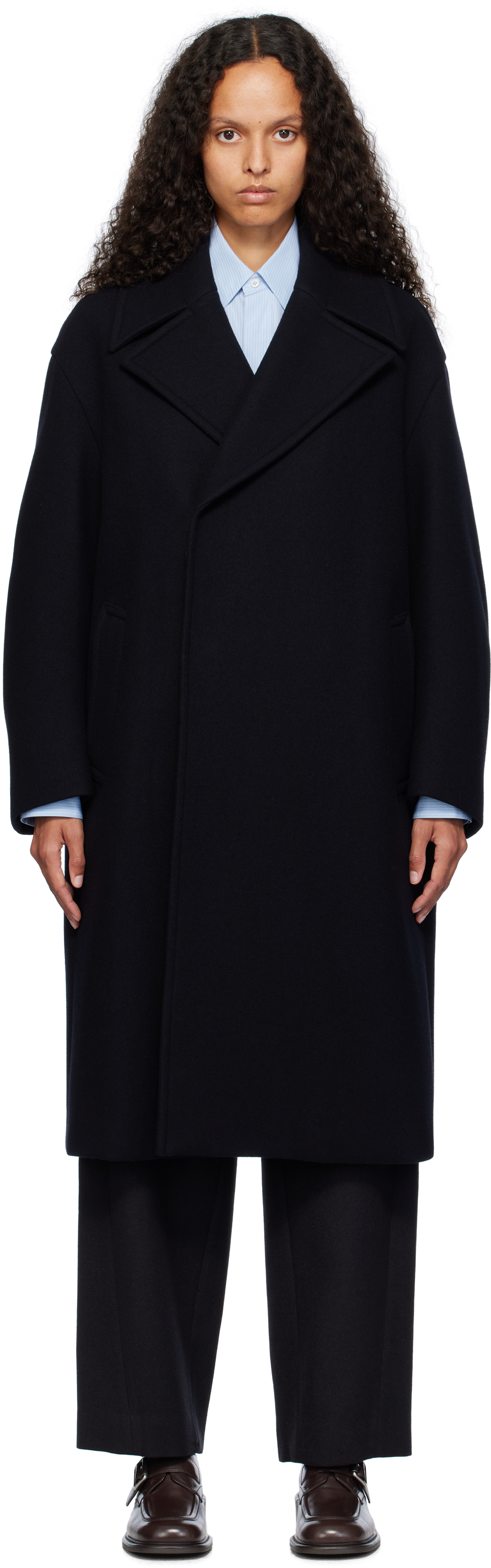 Navy Sponge Wool Melton Double-Breasted Coat