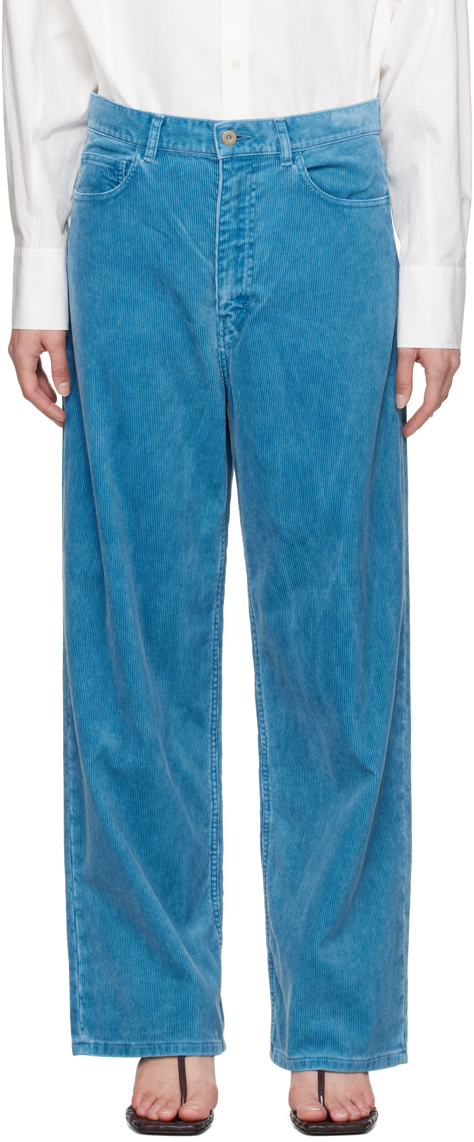 AURALEE: Blue Finx Corduroy Wide 5P Trousers | SSENSE