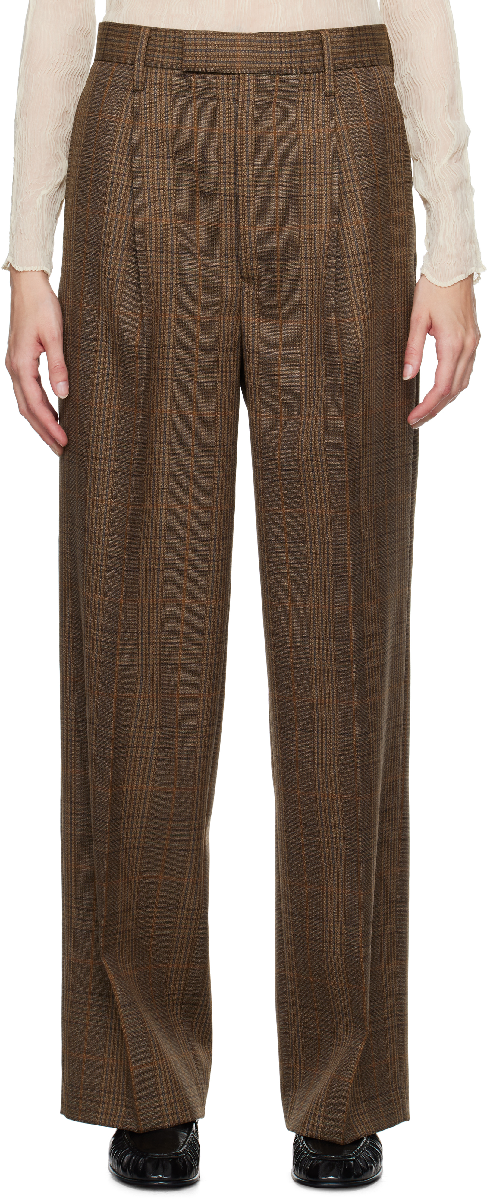 AURALEE BROWN BLUEFACED WOOL CHECK TROUSERS 