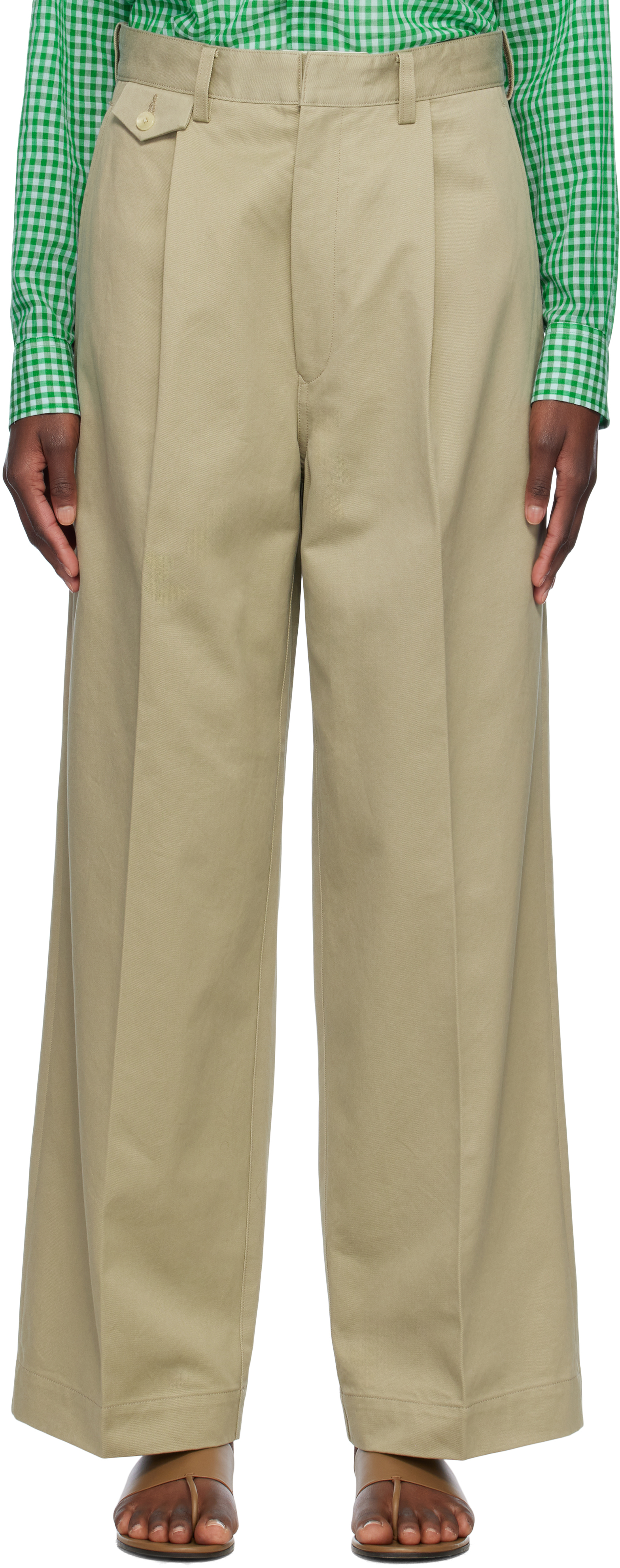AURALEE: Khaki Washed Finx Chino One-Tuck Trousers | SSENSE AURALEE: Khaki Washed Finx Chino One-Tuck Trousers | SSENSE