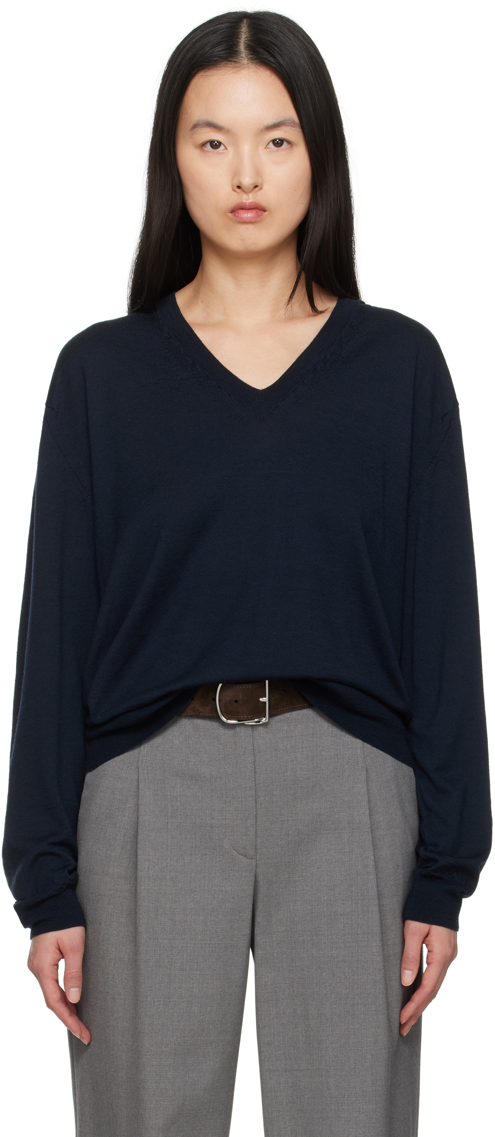 AURALEE: Navy Product Dyed Wool Knit V-Neck Sweater | SSENSE