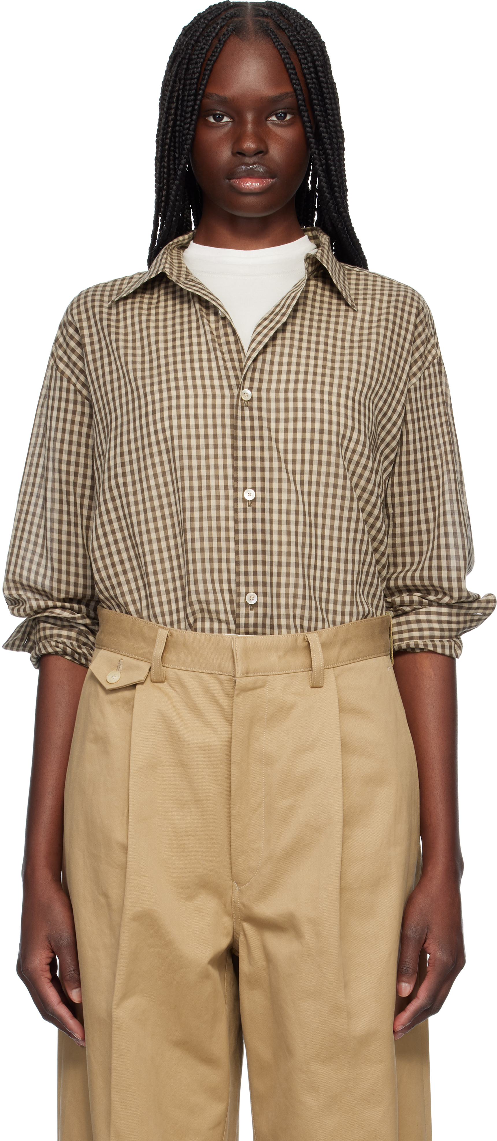 Brown Airy Light Cotton Check Big Shirt