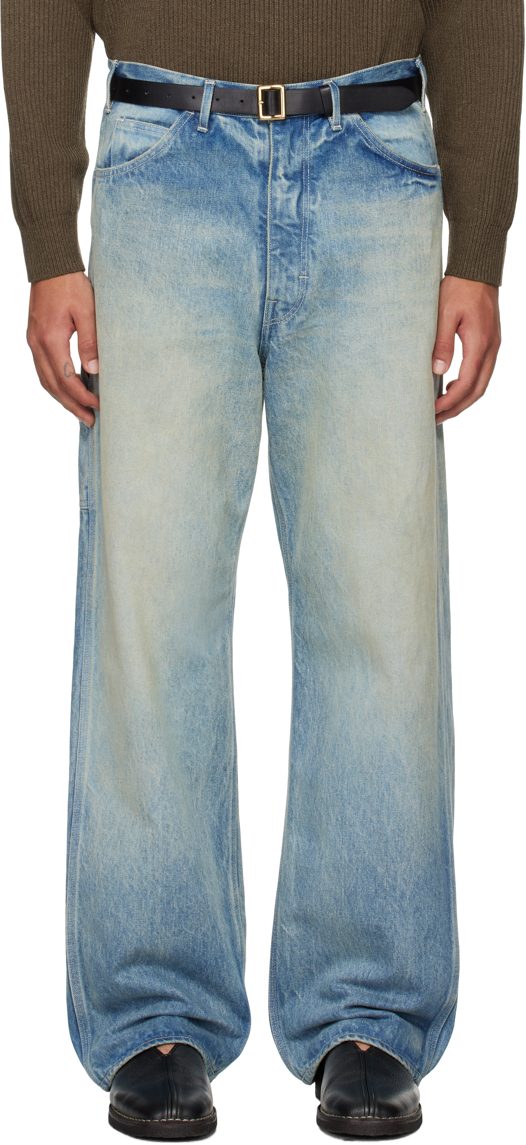 Shop Auralee Blue Selvedge Faded Heavy Painter Jeans In Faded Indigo