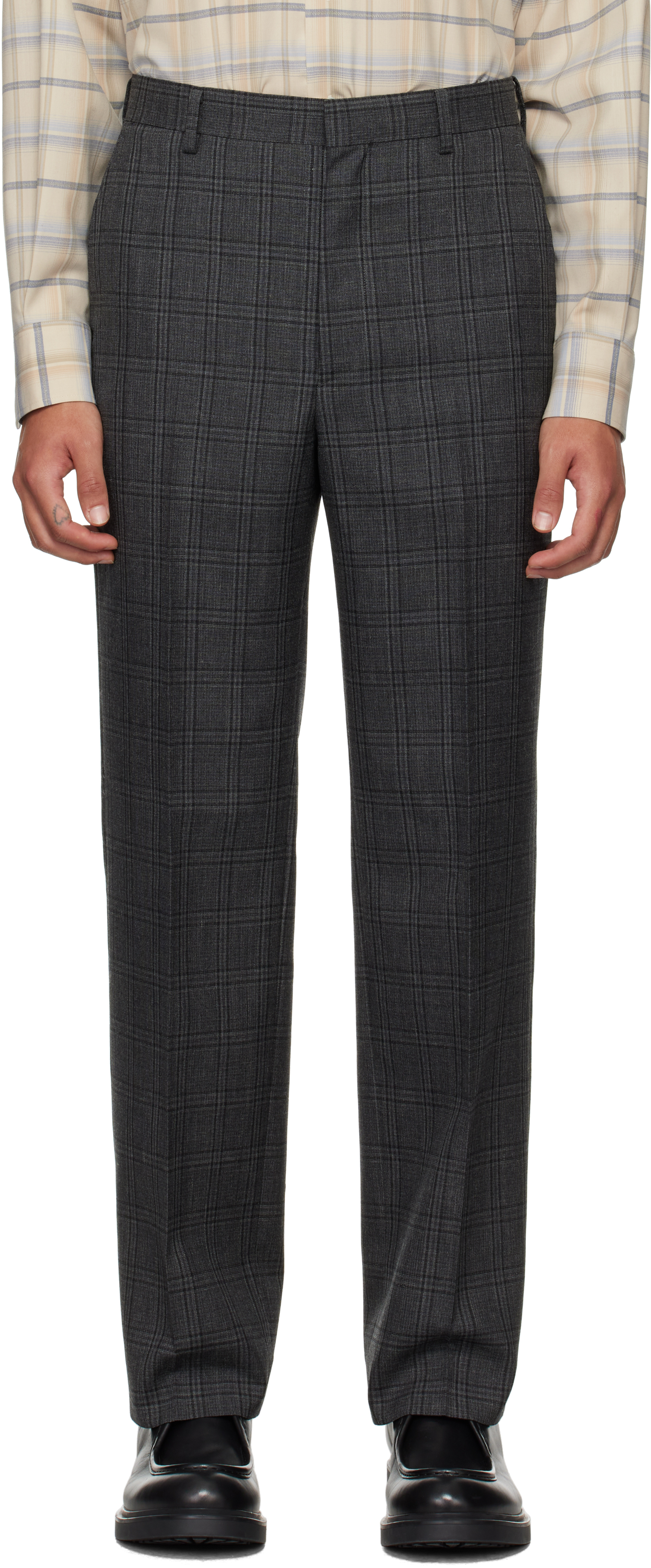 Shop Auralee Gray Bluefaced Wool Check Trousers In Charcoal Check