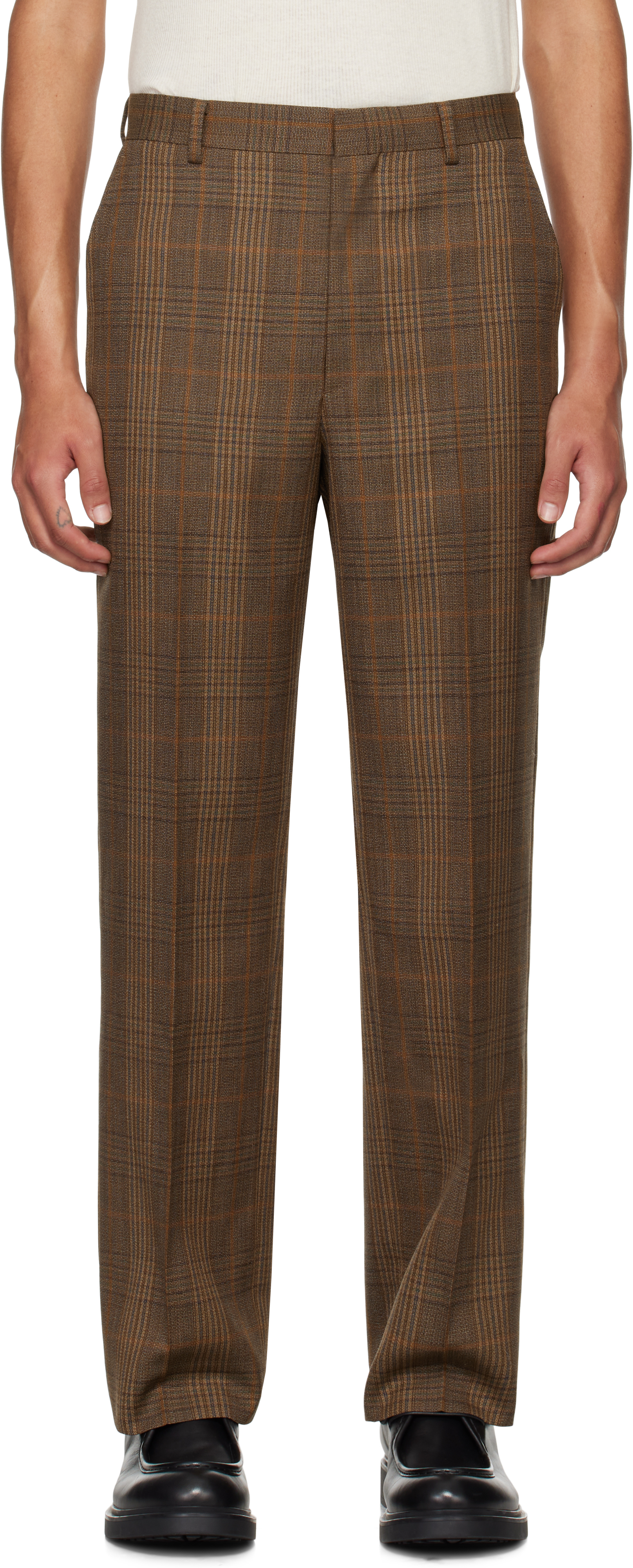 Shop Auralee Brown Bluefaced Wool Check Trousers In Brown Check