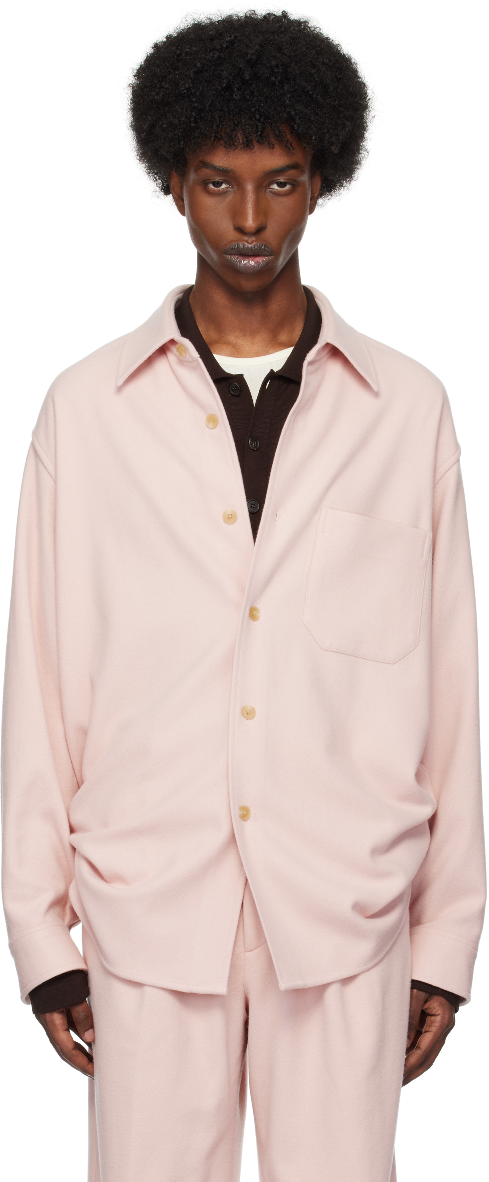 AURALEE PINK BRUSHED SUPER FINE WOOL FLANNEL SHIRT 