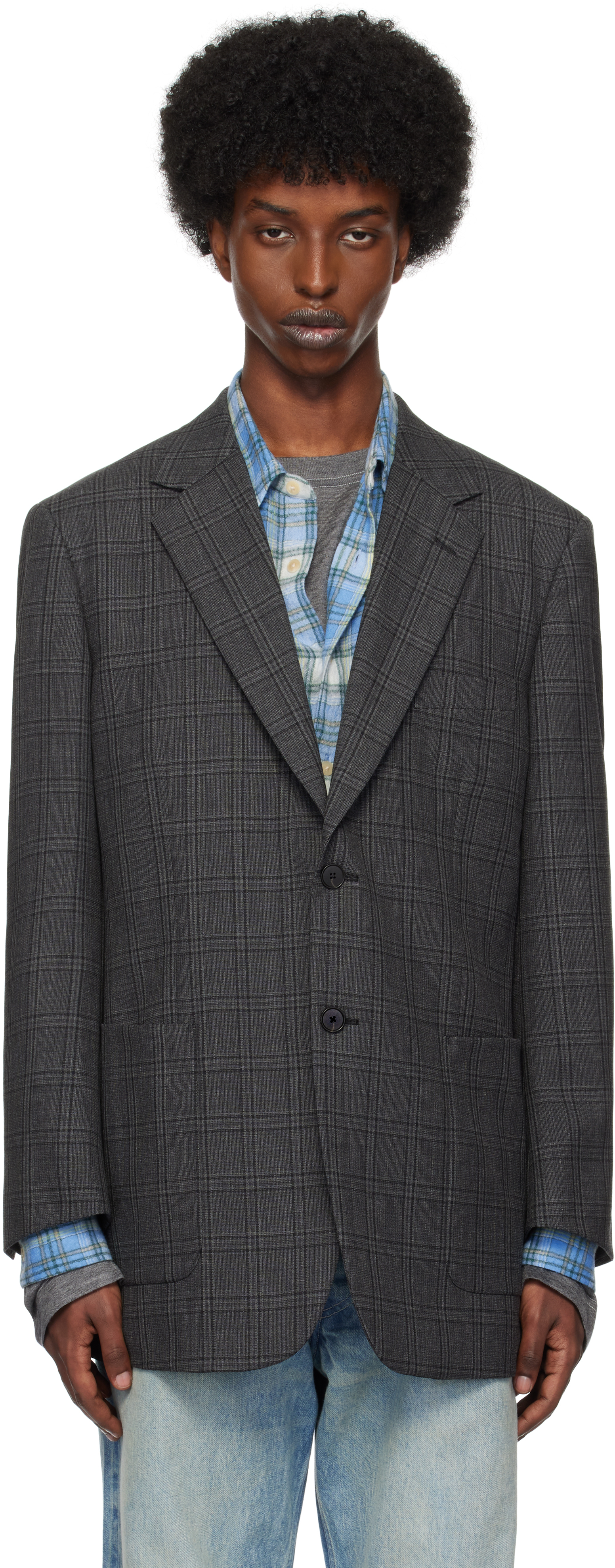 Shop Auralee Gray Bluefaced Wool Check Double-breasted Blazer In Charcoal Check