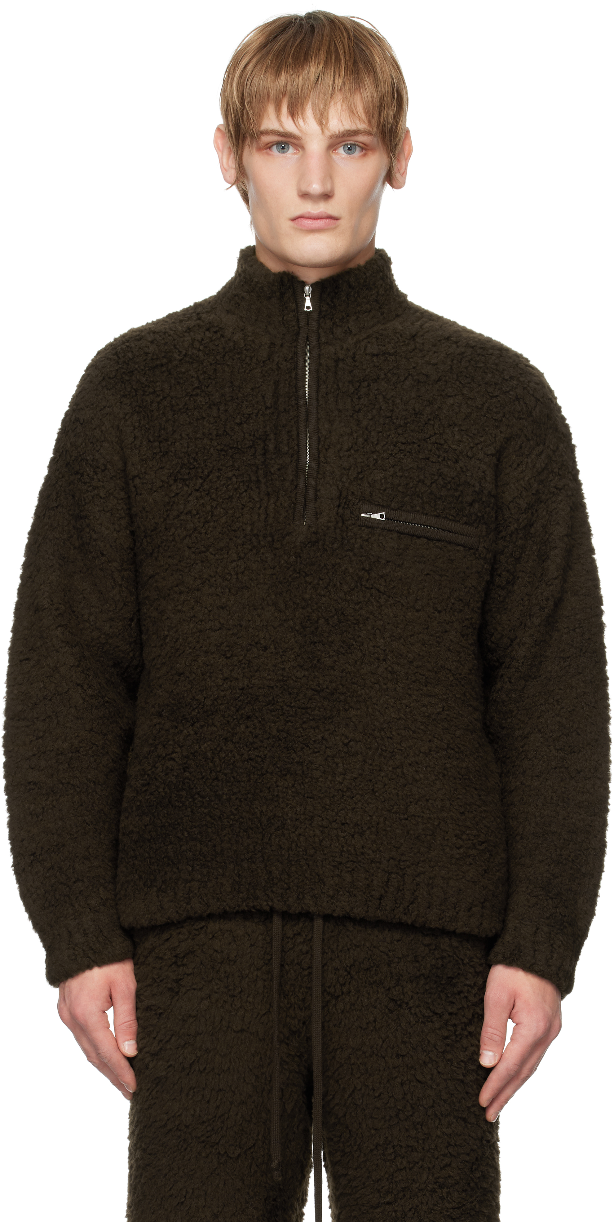 AURALEE BROWN MERINO WOOL BOA KNIT HALF ZIP SWEATER 