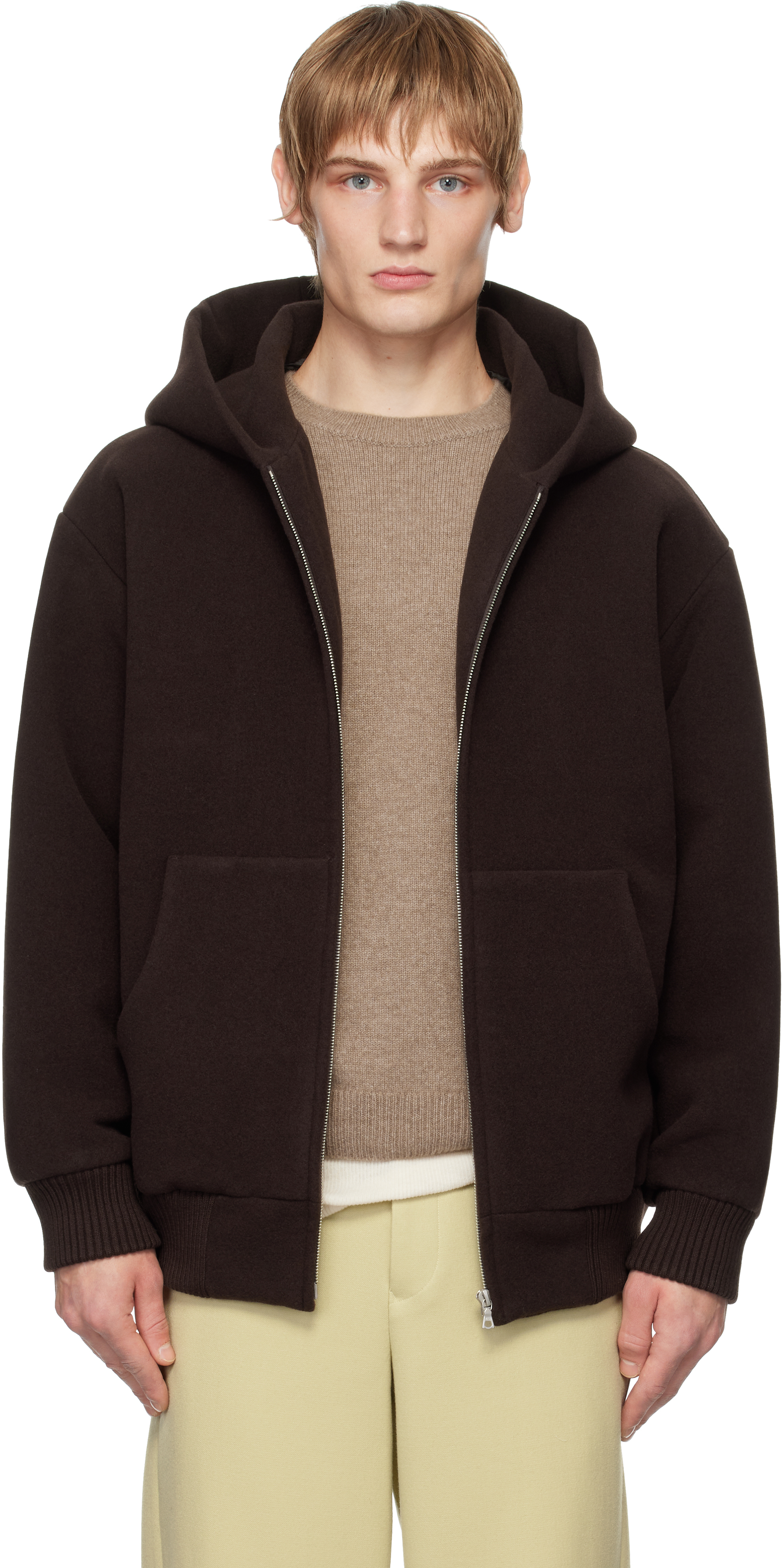 Brown Double Cloth Heavy Pile Zip Hoodie