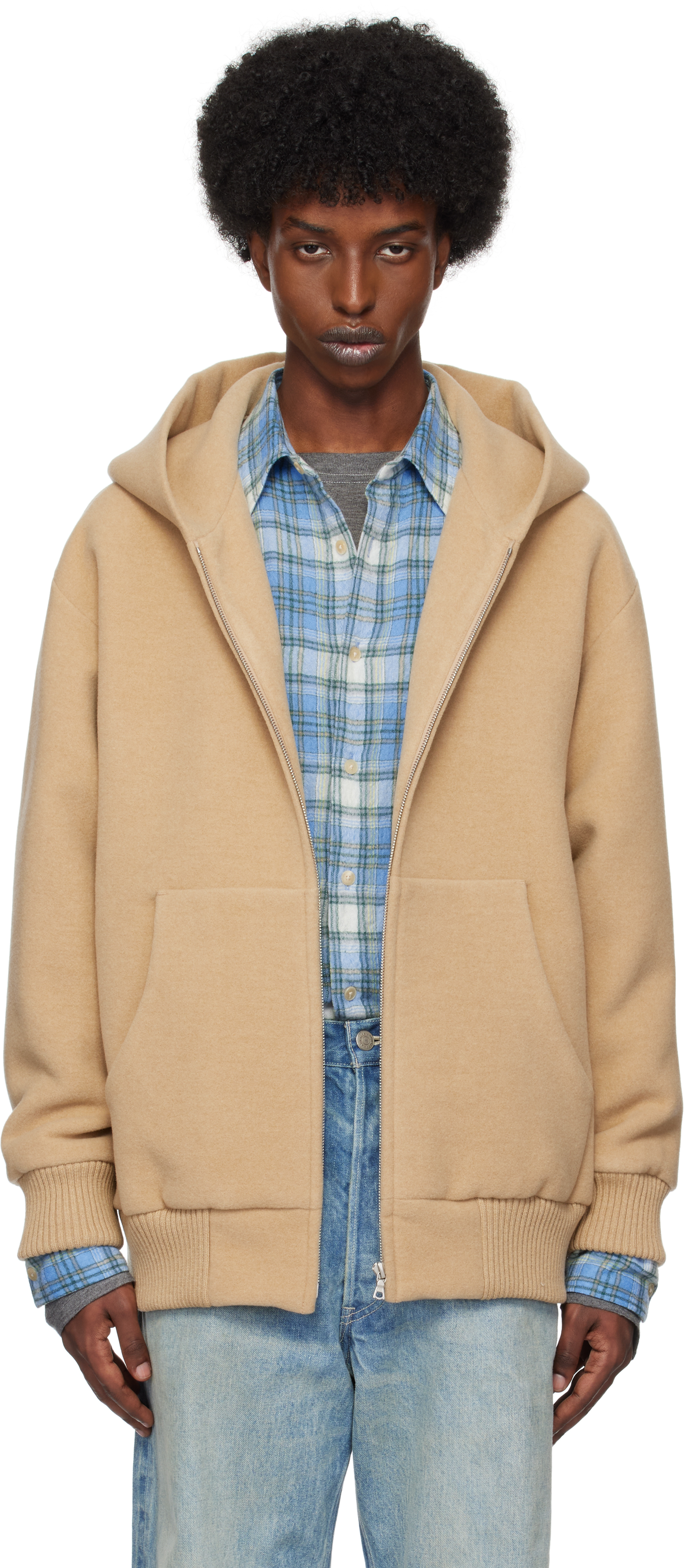 Beige Double Cloth Heavy Pile Zip Hoodie