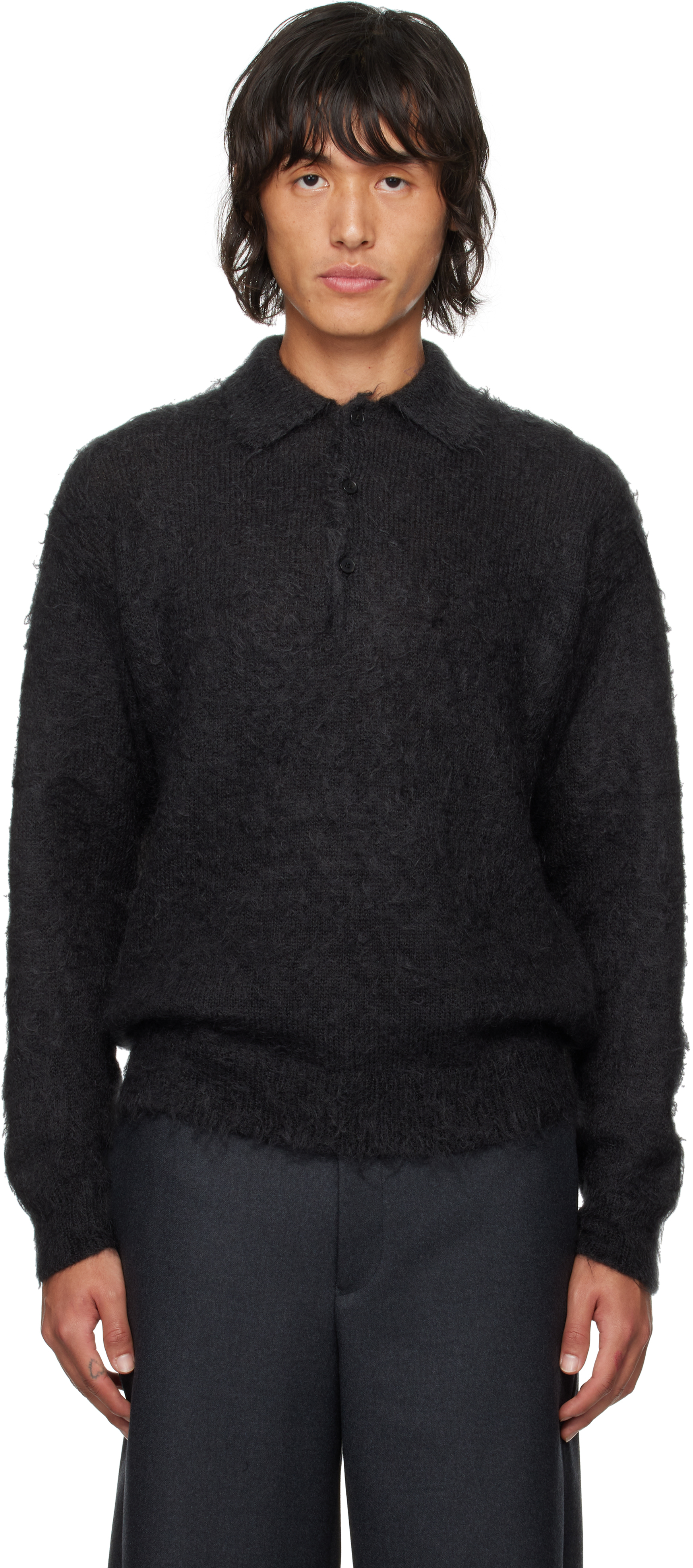 Shop Auralee Black Brushed Super Kid Mohair Knit Polo In Ink Black