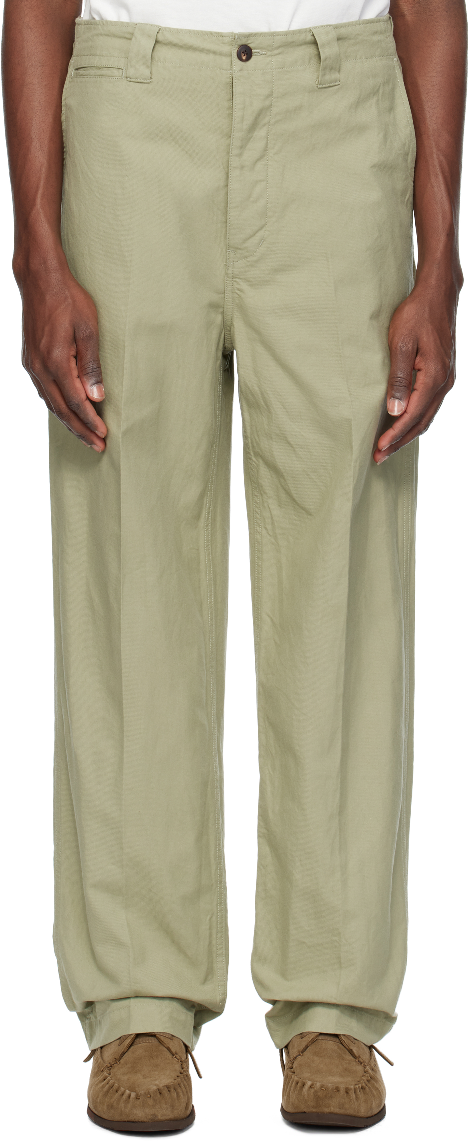 visvim: Green Wide Chino Trousers | SSENSE Canada