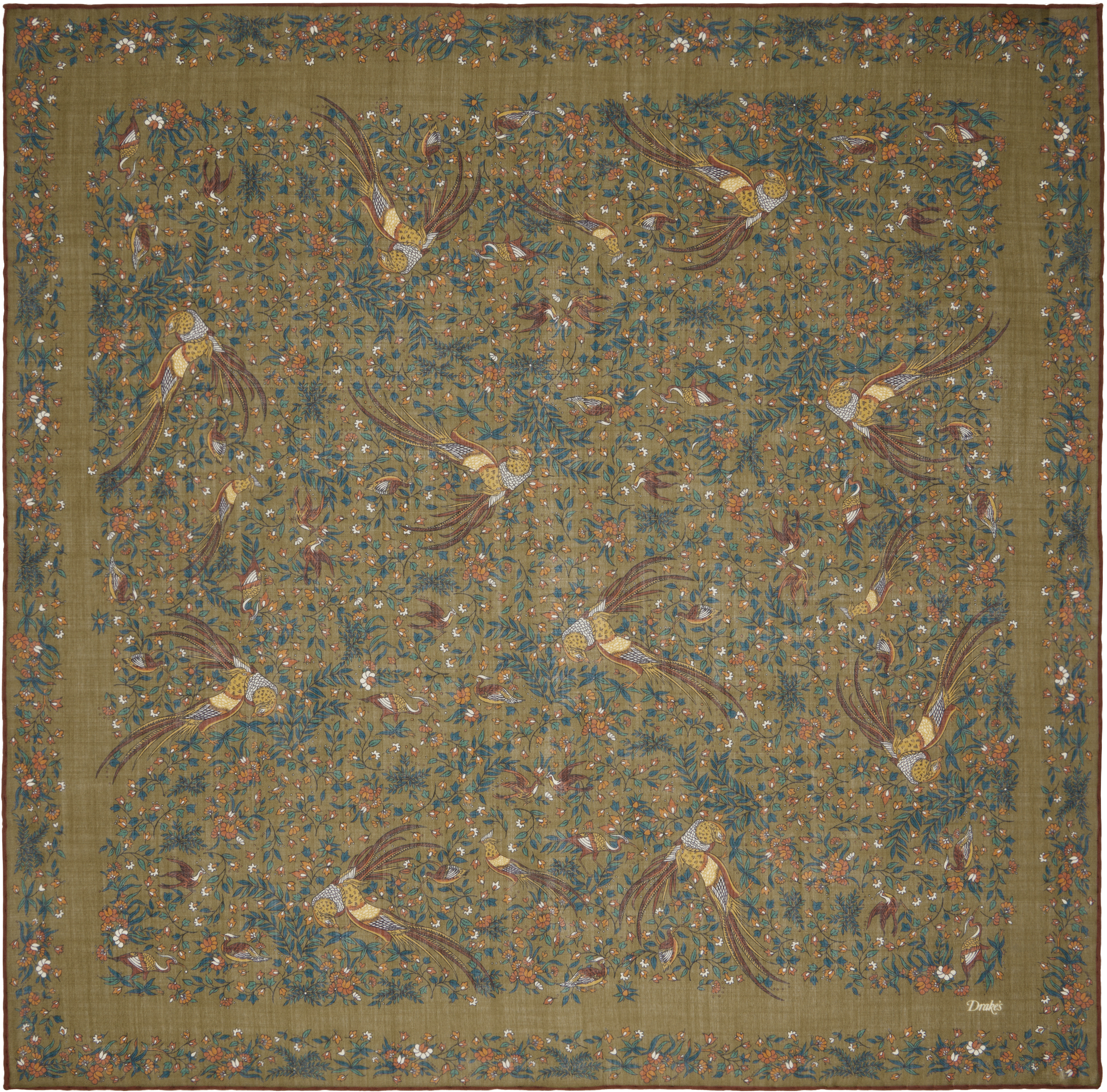 Khaki Birds Of Paradise Print Wool-Silk Square Scarf