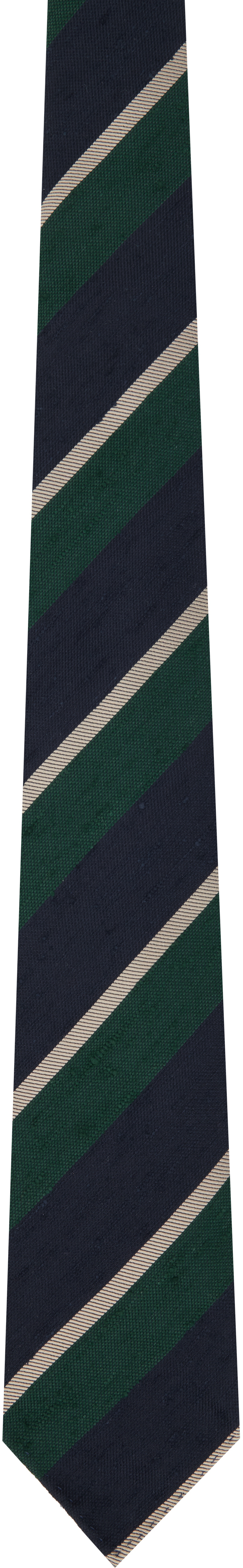 Navy 
Green Shantung Multi Stripe Silk Tie