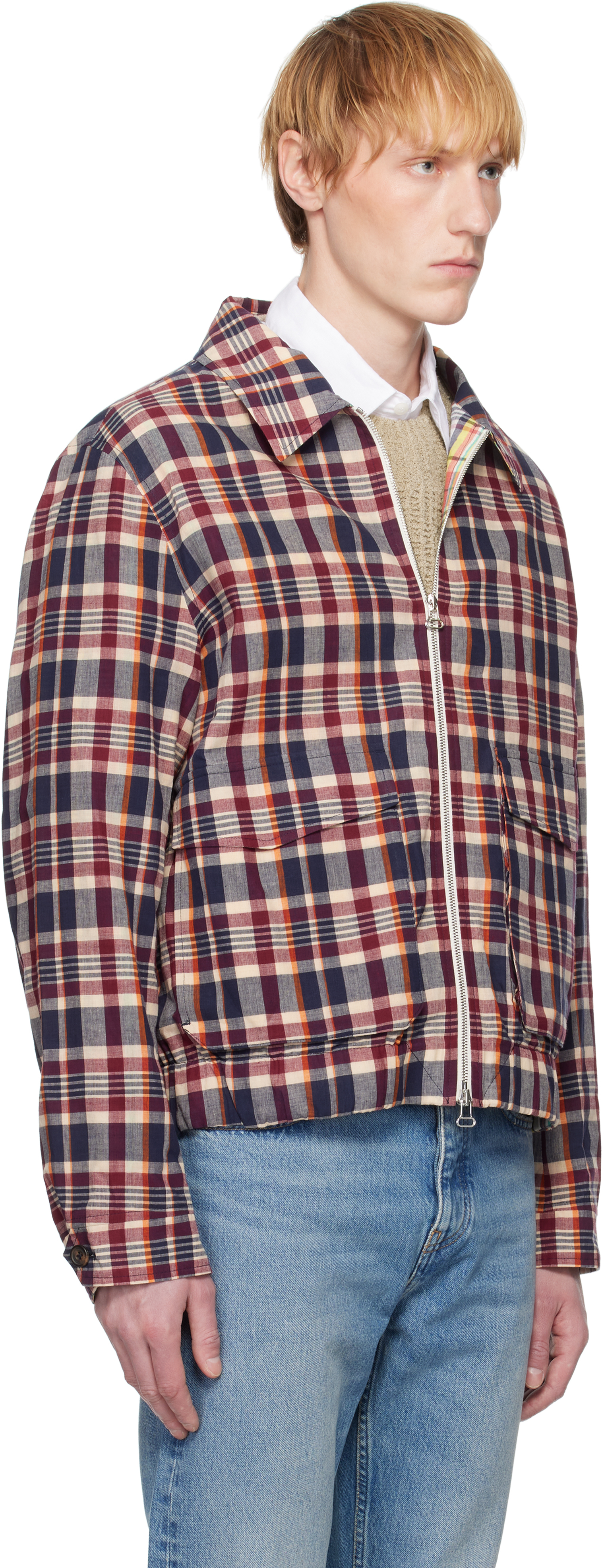 Shop Drake's Red & Navy Waxed Madras Tennis Jacket