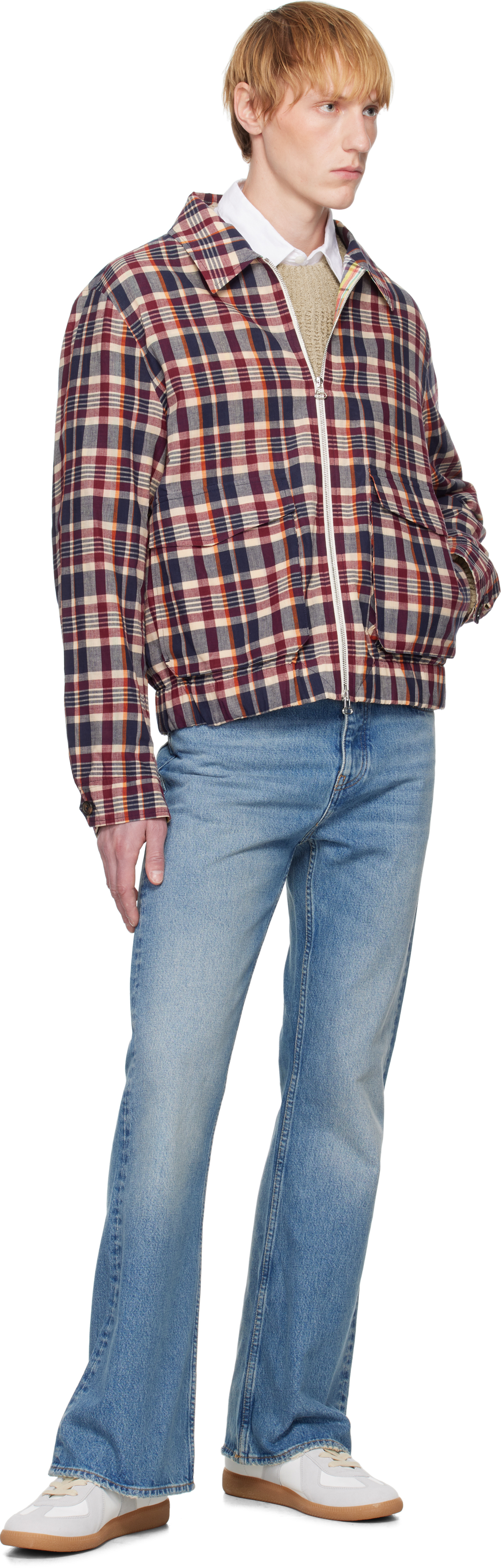 Shop Drake's Red & Navy Waxed Madras Tennis Jacket