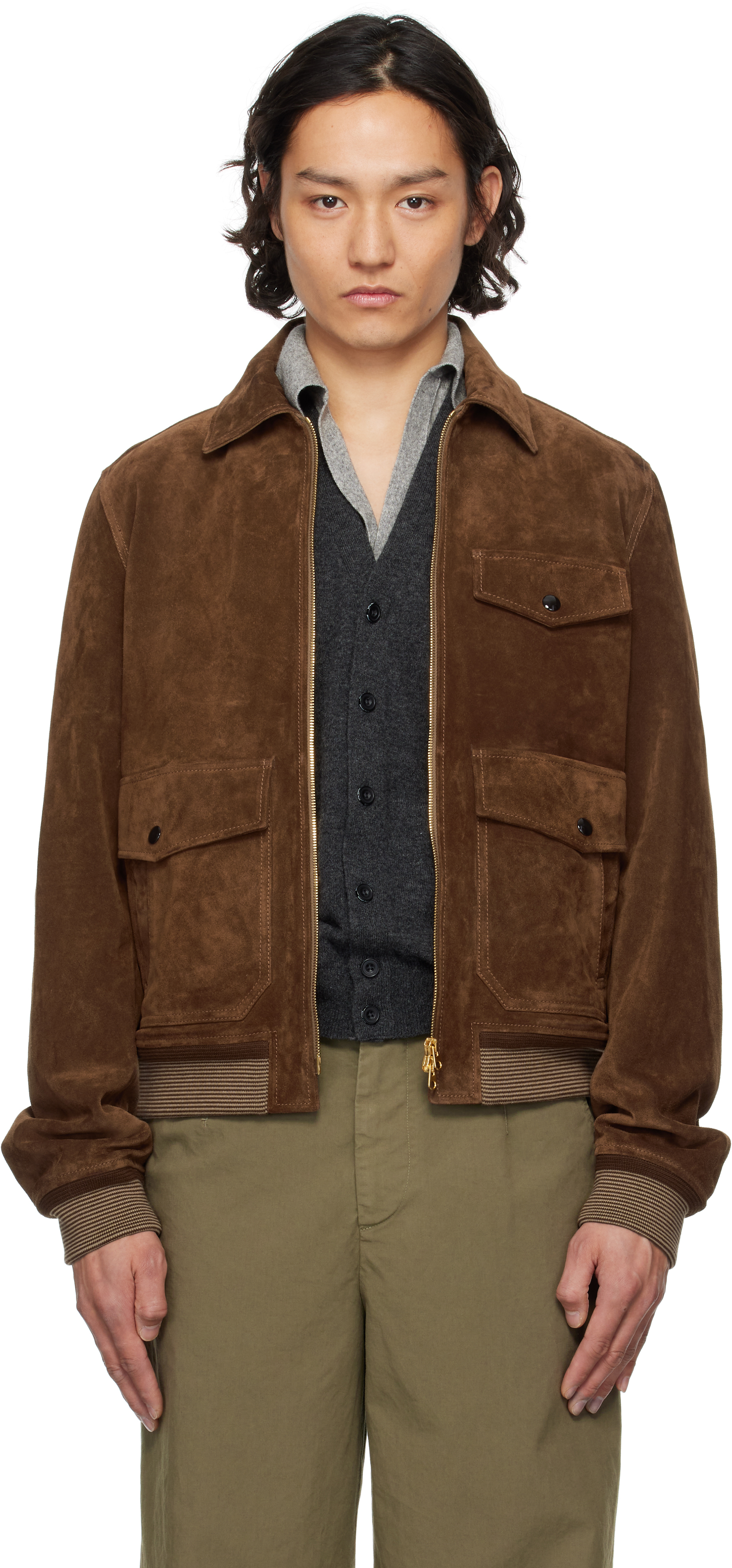 DRAKE'S BROWN HEAVYWEIGHT A2 SUEDE BOMBER JACKET