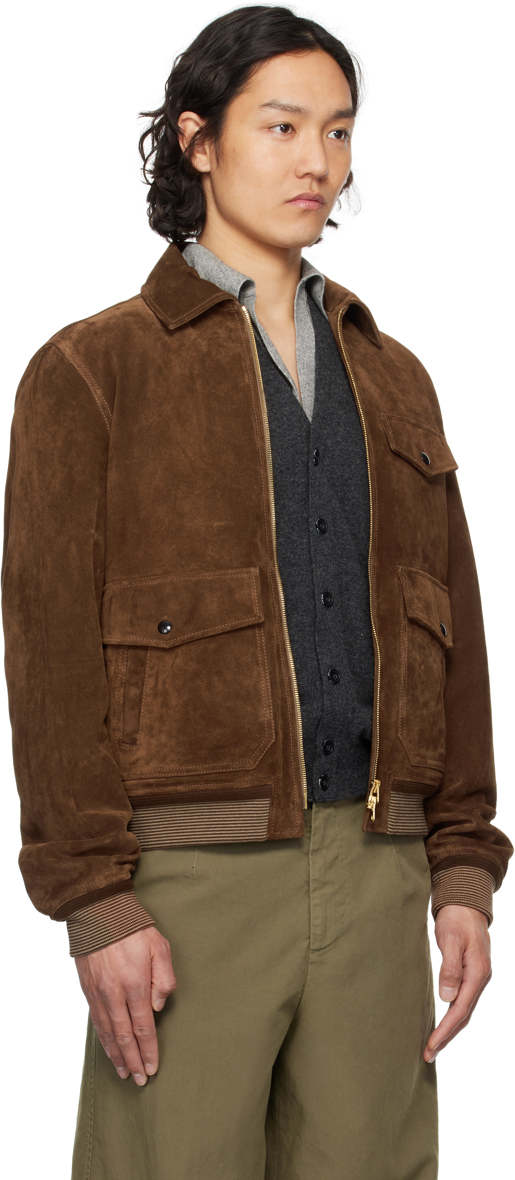 DRAKE'S BROWN HEAVYWEIGHT A2 SUEDE BOMBER JACKET