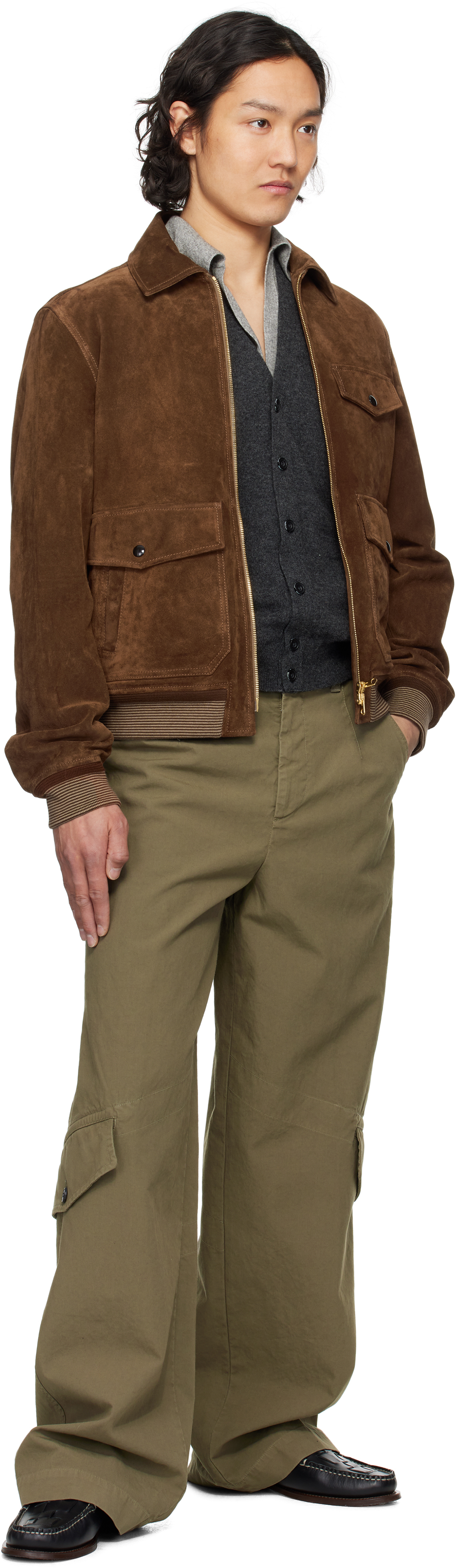 DRAKE'S BROWN HEAVYWEIGHT A2 SUEDE BOMBER JACKET