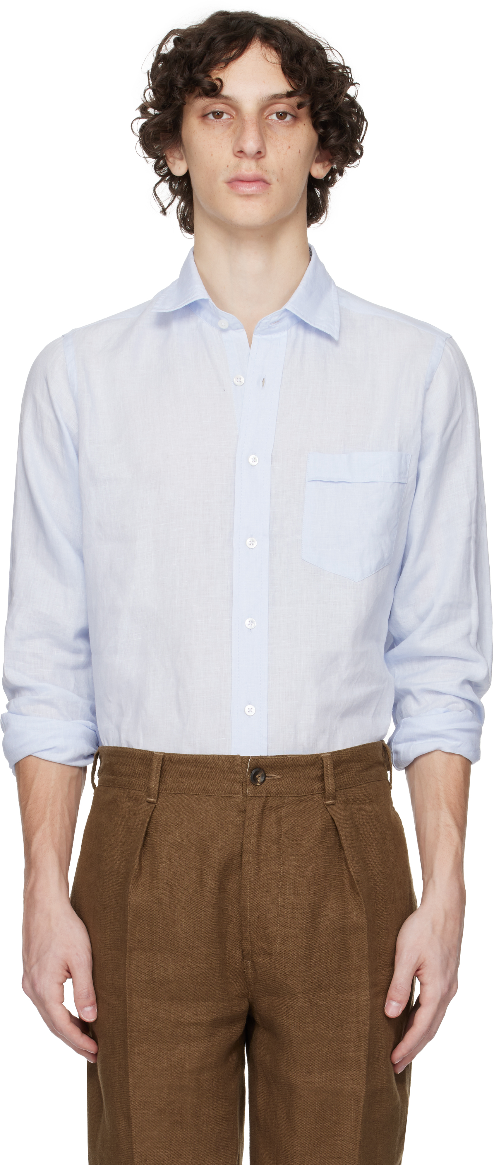 DRAKE'S BLUE LINEN SPREAD COLLAR SHIRT