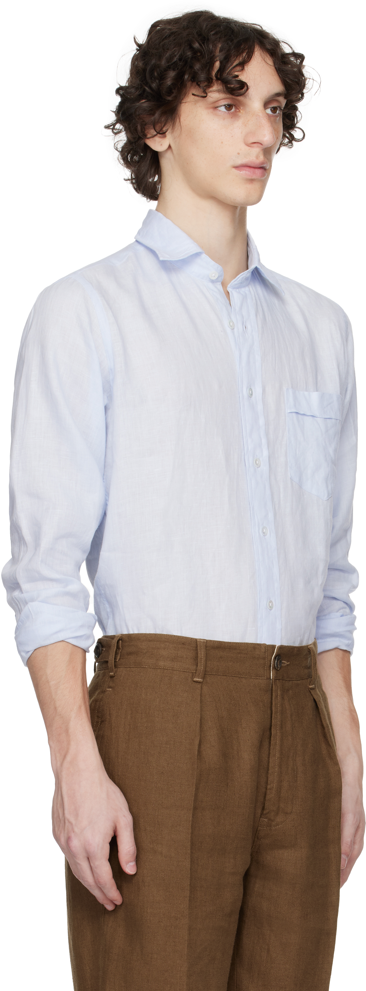 DRAKE'S BLUE LINEN SPREAD COLLAR SHIRT