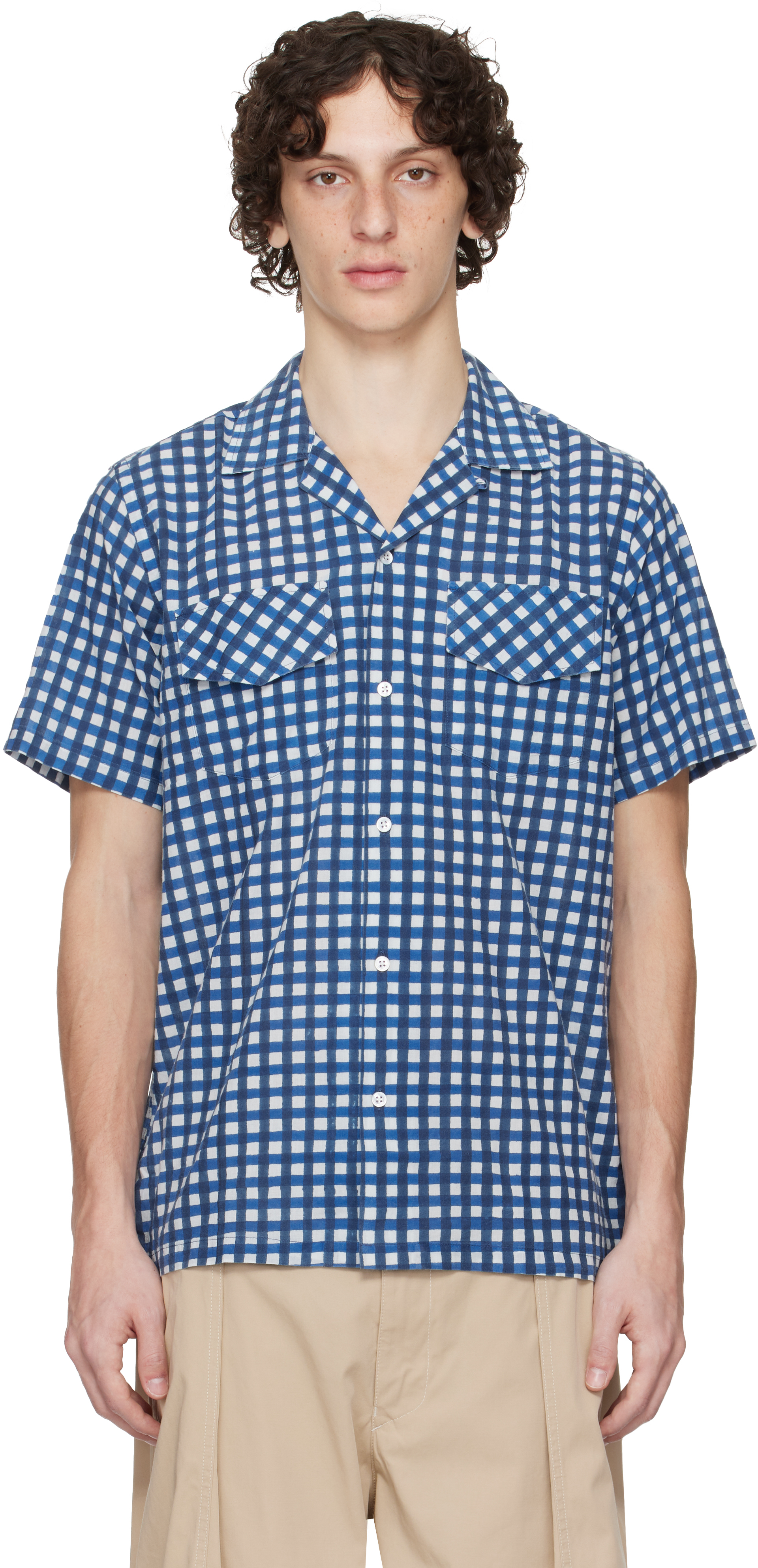 Blue Gingham Check Block Print Shirt
