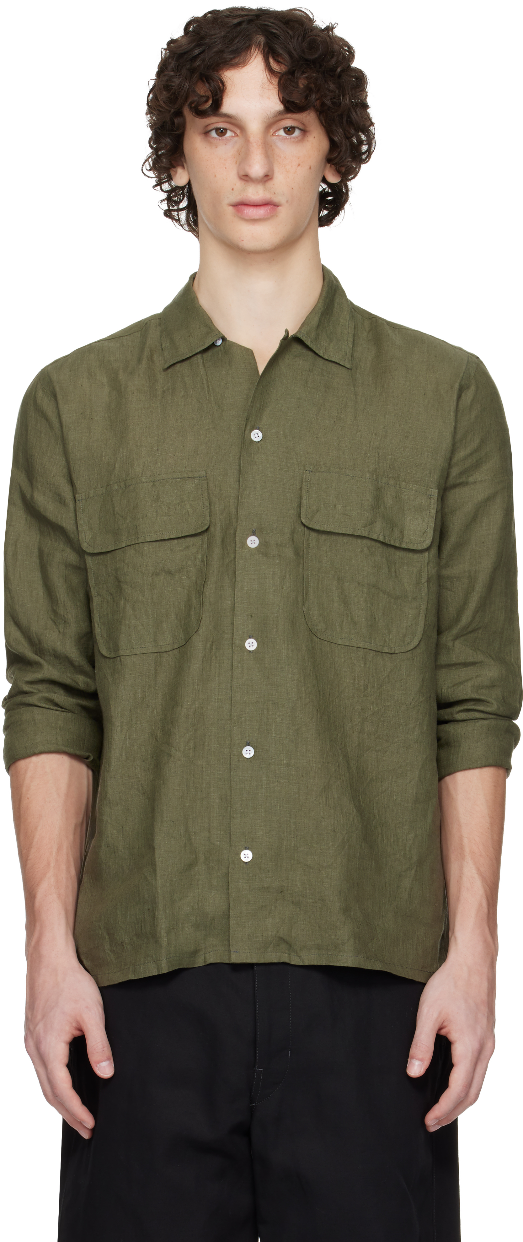 Khaki Linen Camp Collar Shirt