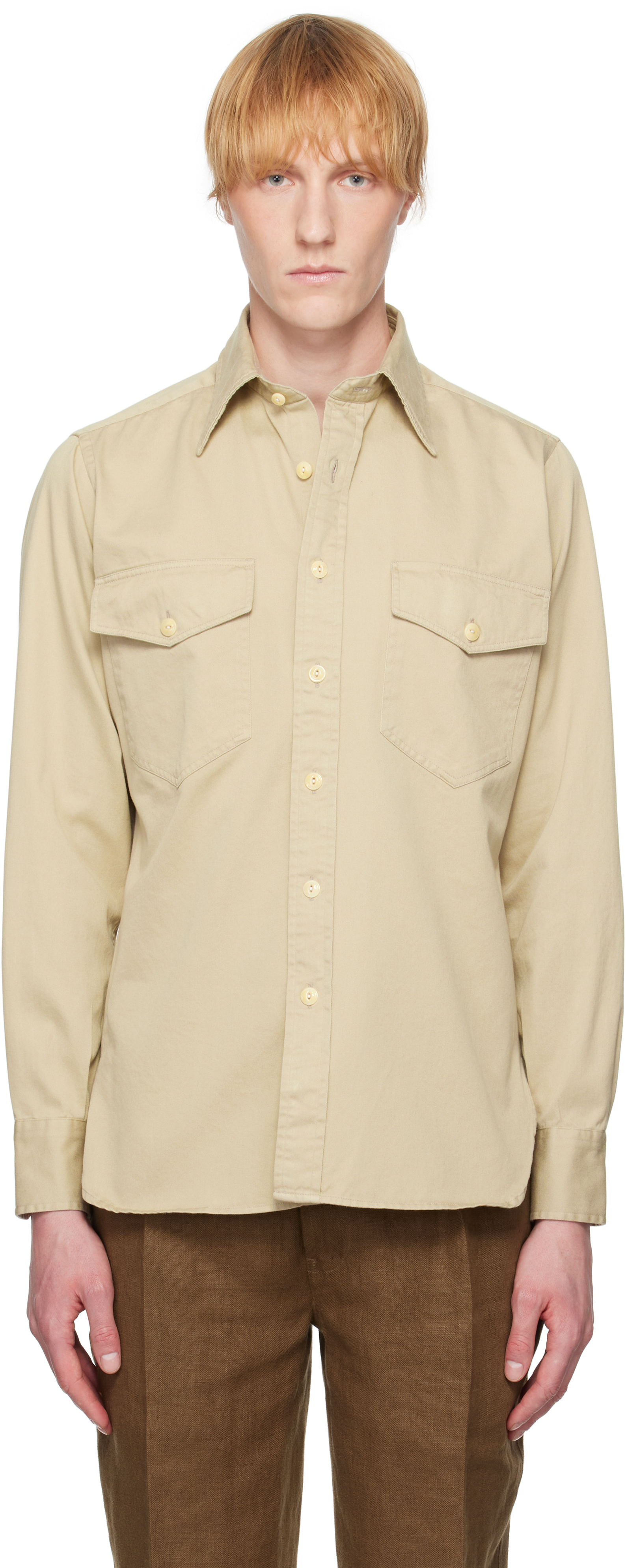 Beige Stone Cotton Long Point Collar Work Shirt