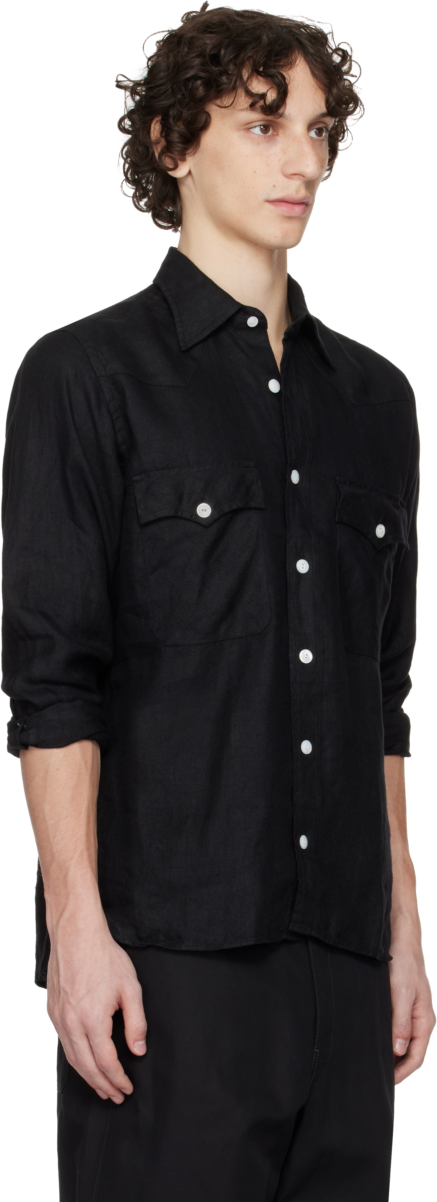 DRAKE'S BLACK TWO-POCKET WESTERN SHIRT