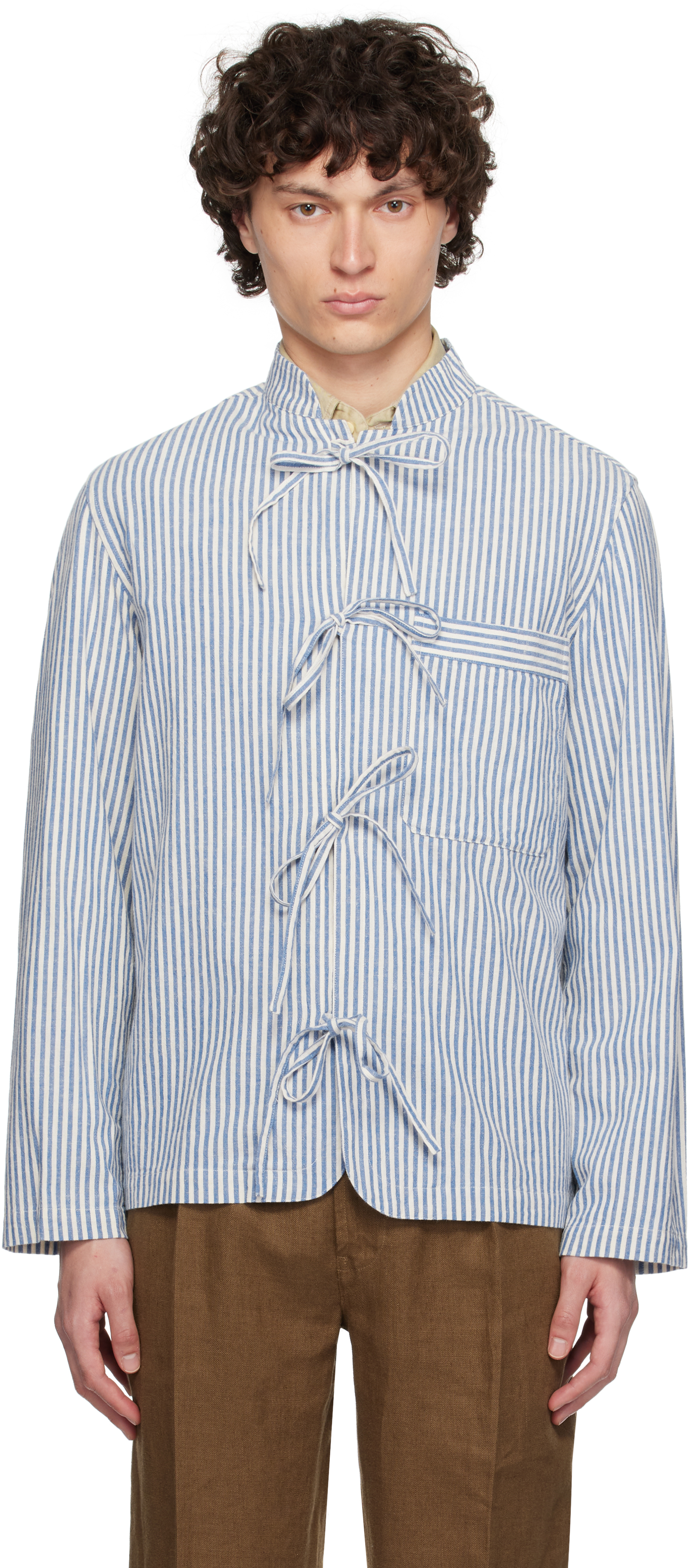 Blue & White Grandad Collar Tie Stripe Shirt
