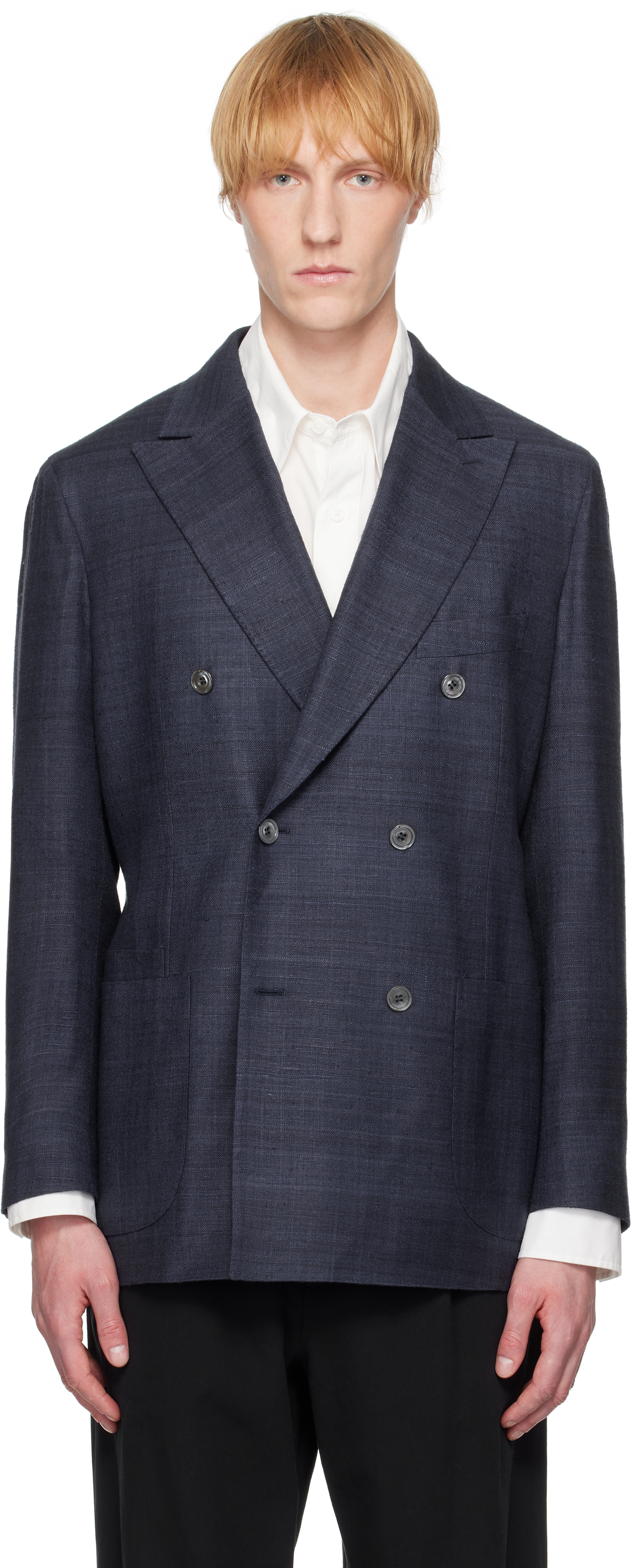 Navy Tussah Silk Double-Breasted Tailored Blazer