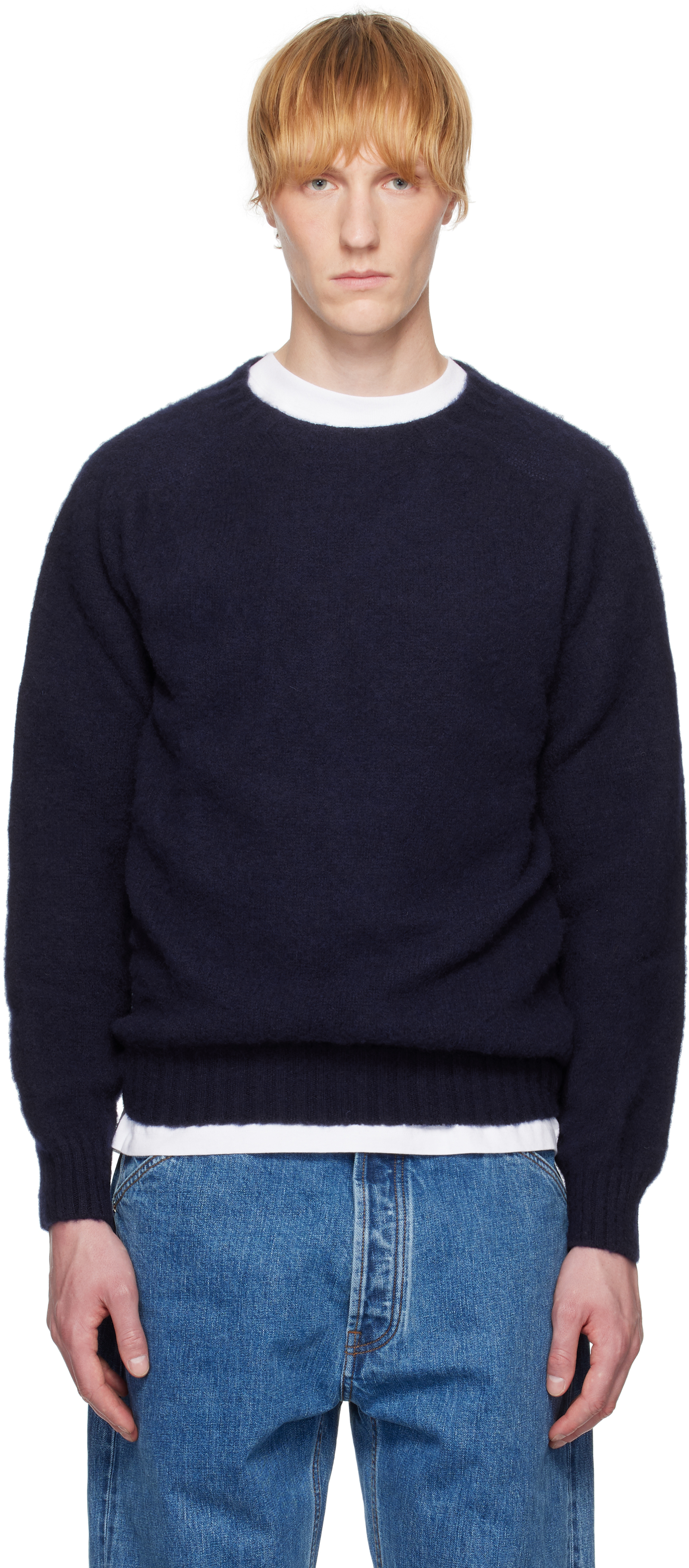 Navy Brushed Shetland Crew Neck Sweater