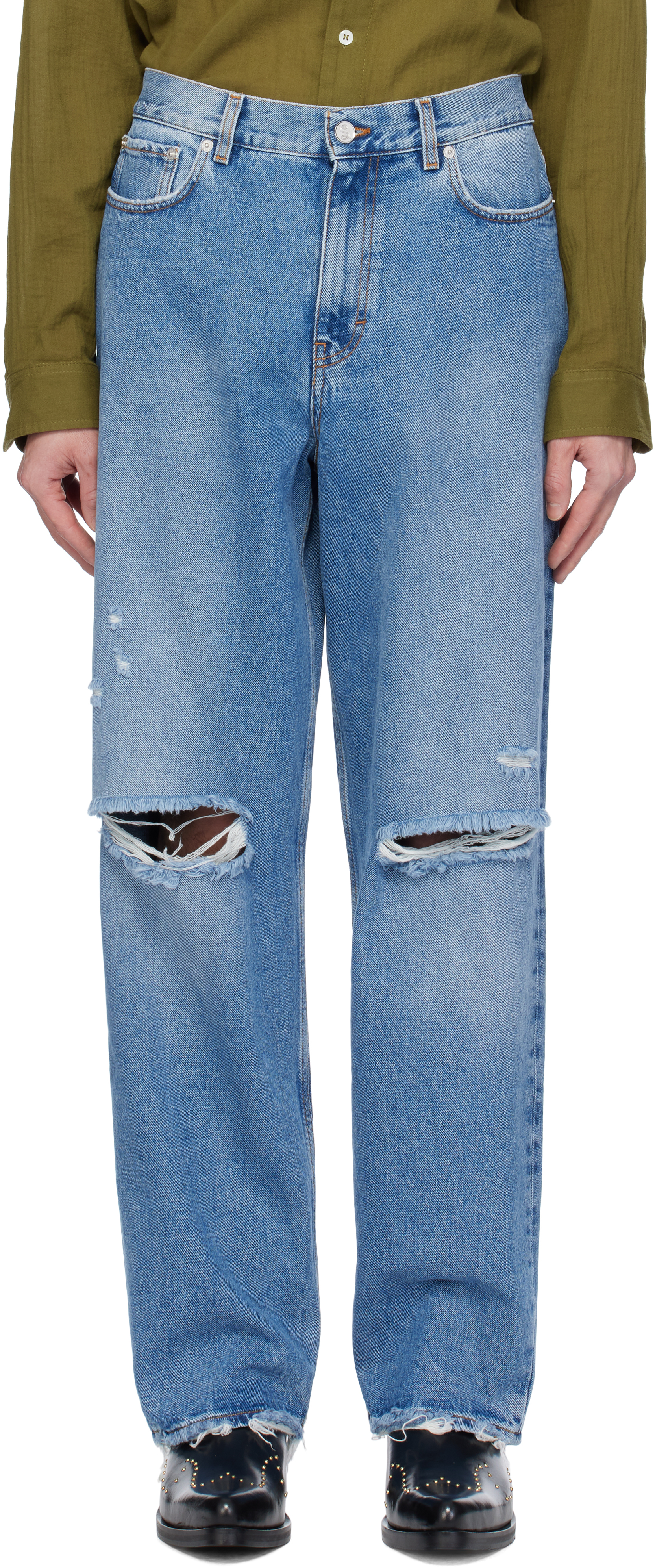 Séfr Blue Wide Cut Jeans In Trashed Denim