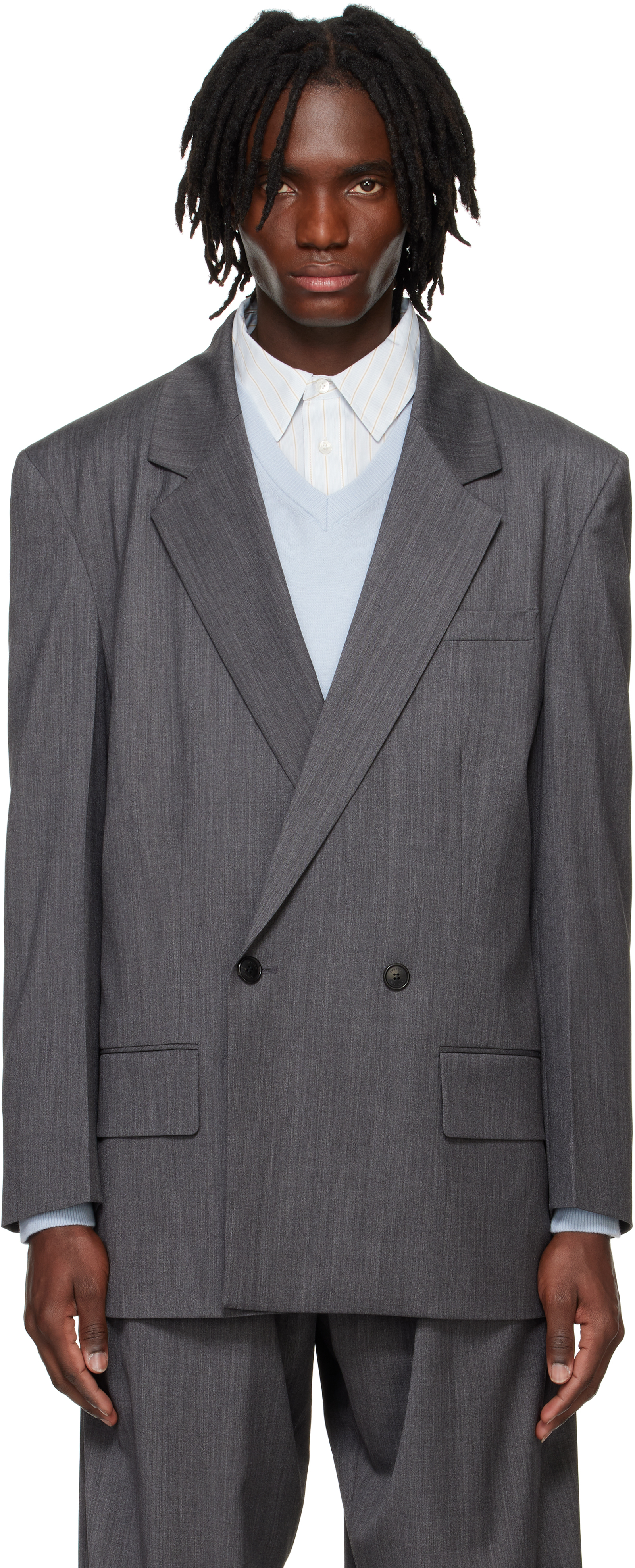 Gray Oversized Double Blazer by System on Sale