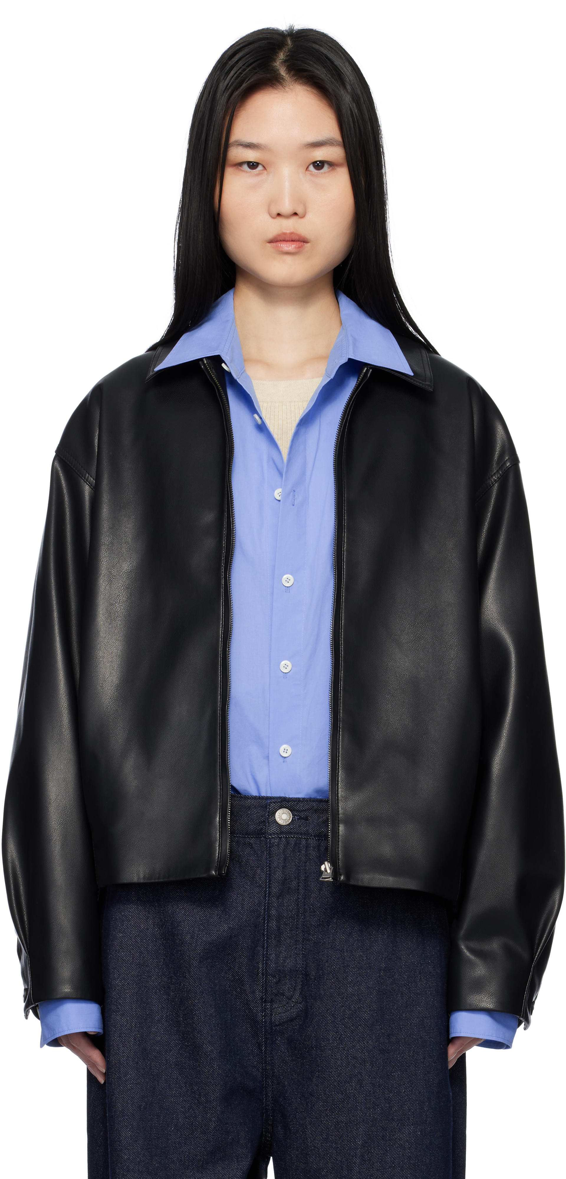 Black Spread Collar Faux-Leather Jacket