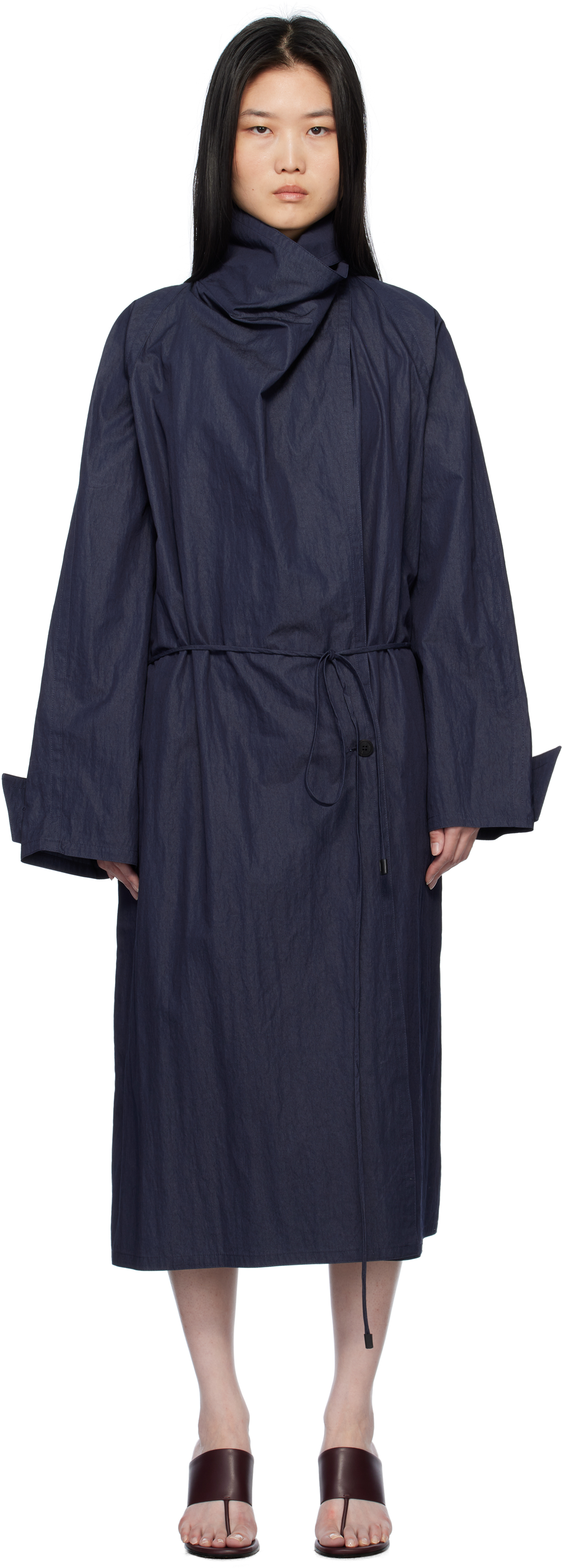 Navy Cowl Neck Long Coat