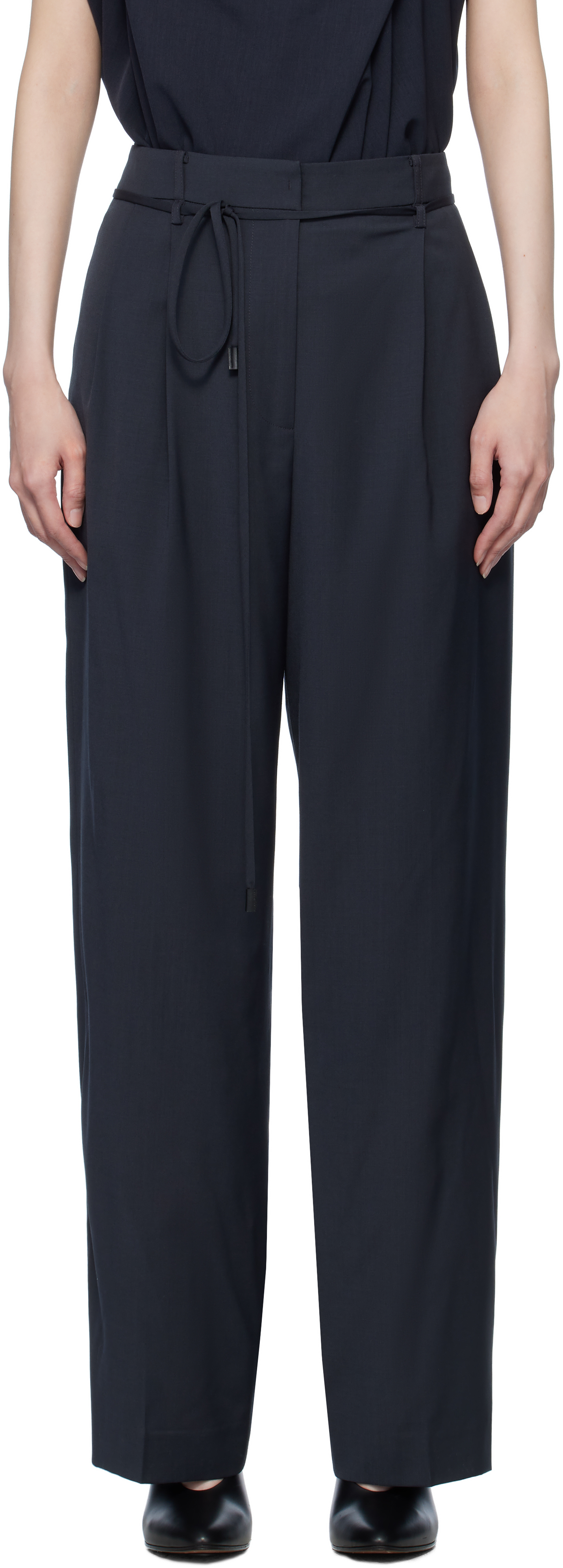 Navy Waist String Tuck Trousers