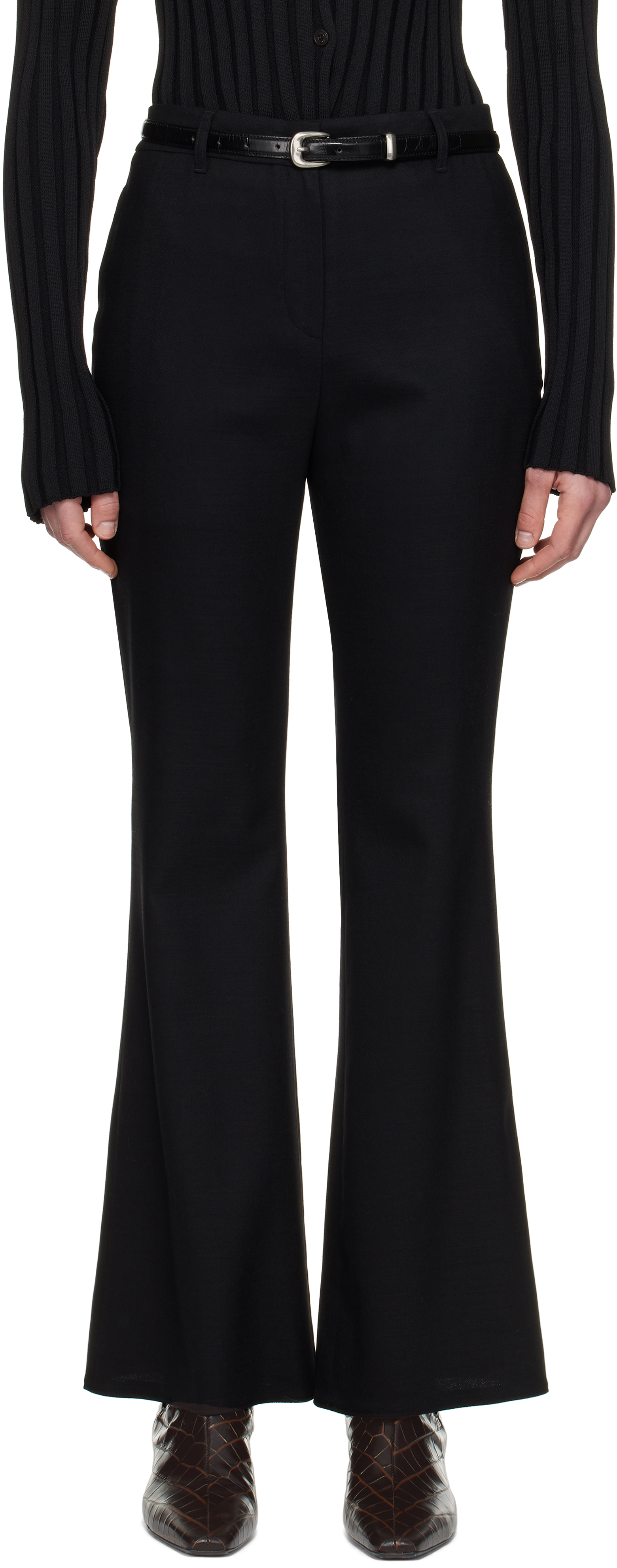 Black Flare Western Belt Trousers