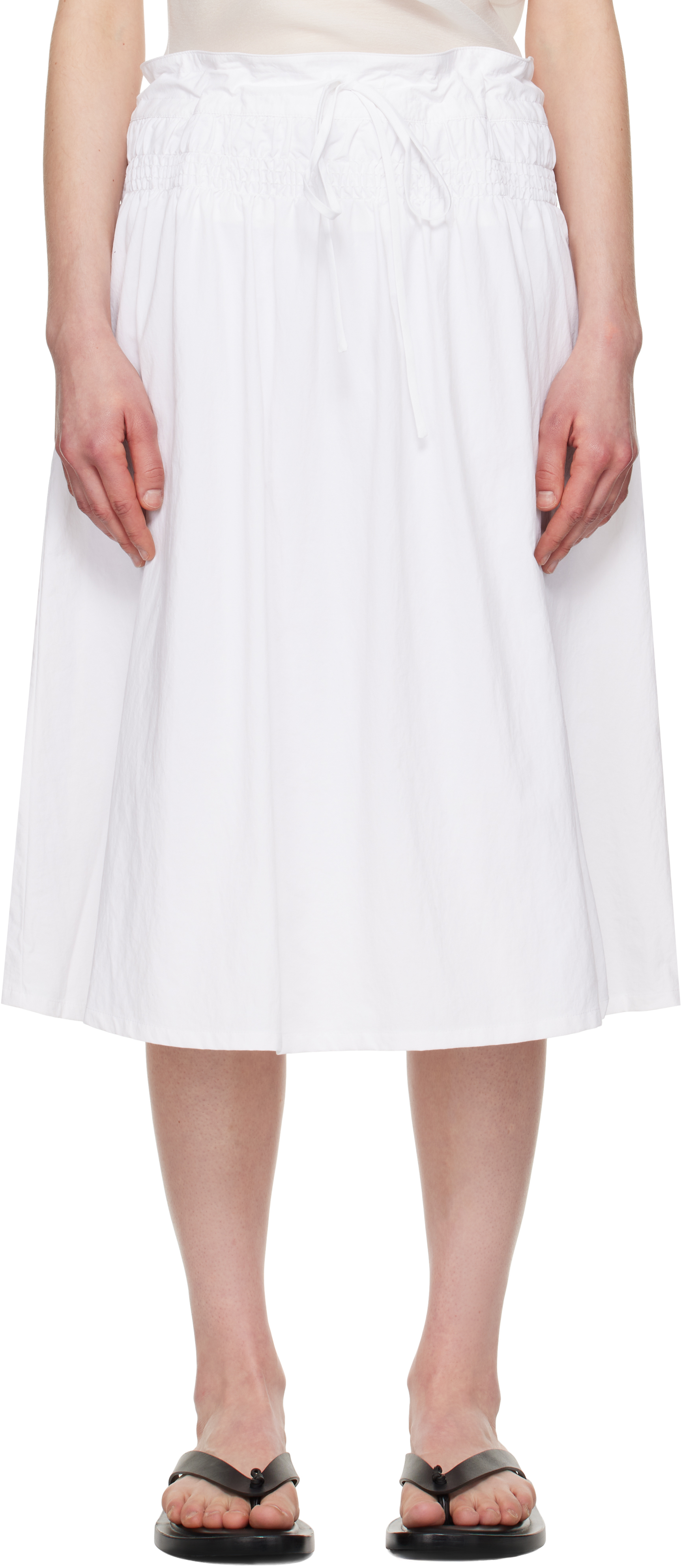 White Smocked Drawstring Midi Skirt