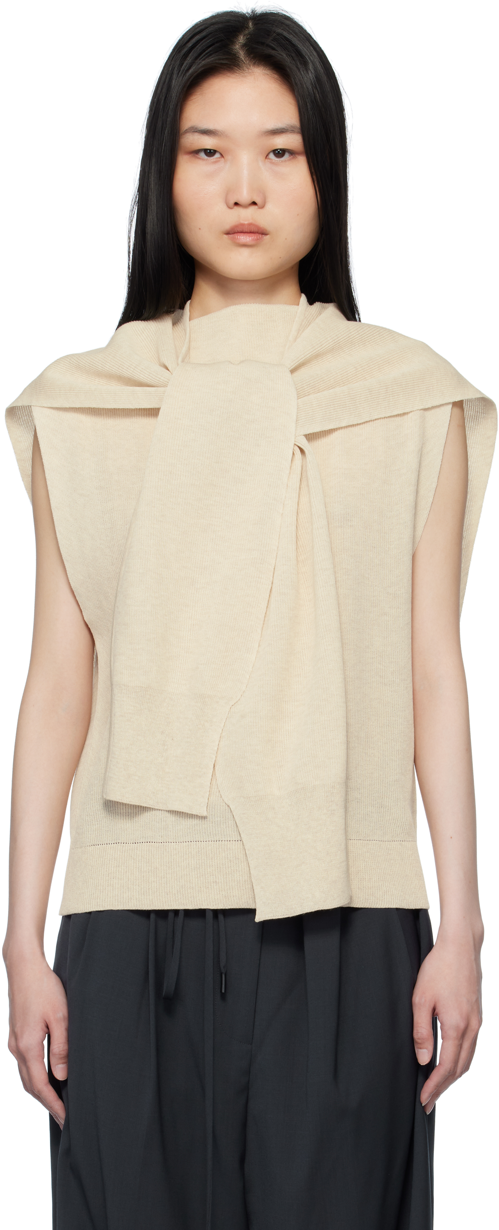 Beige Ribbed Muffler Cardigan