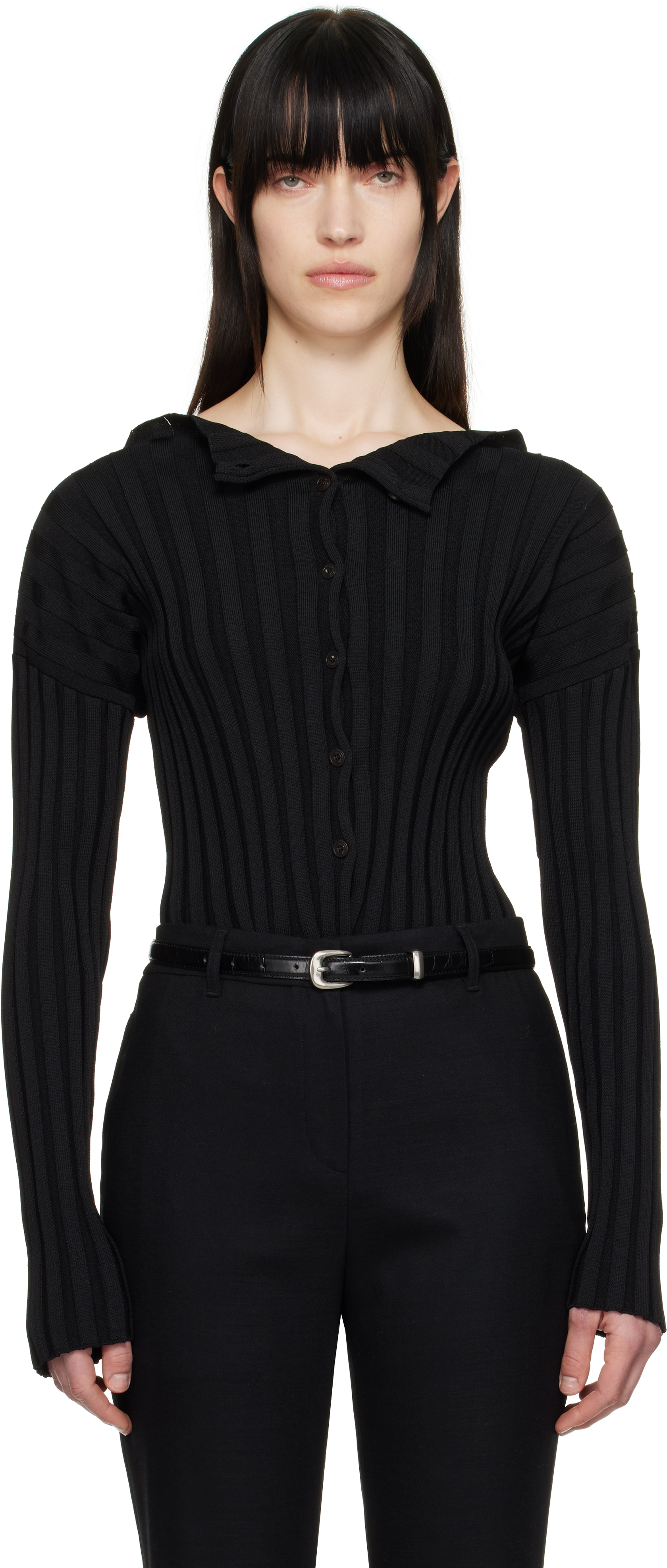 Black Ribbed Collarless Cardigan