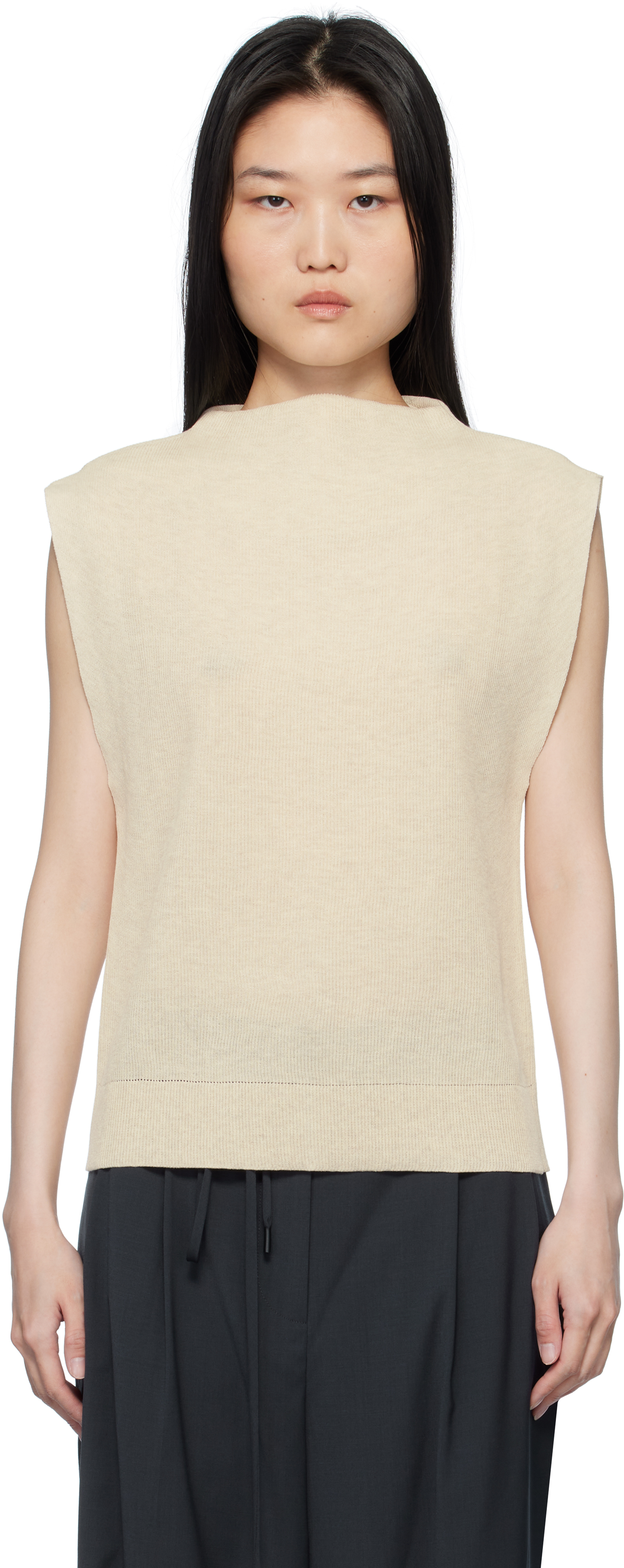 Beige Ribbed Mock Neck Knit Sweater