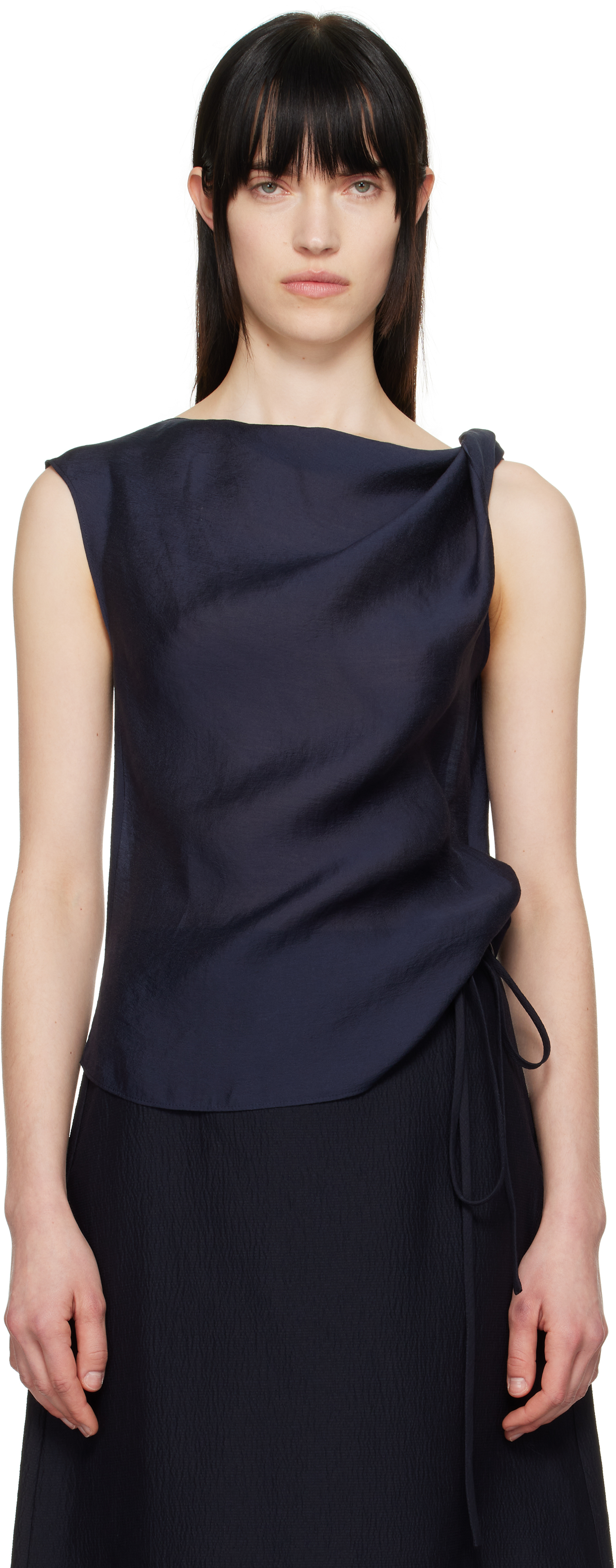 Navy Asymmetrical Draped Tank Top