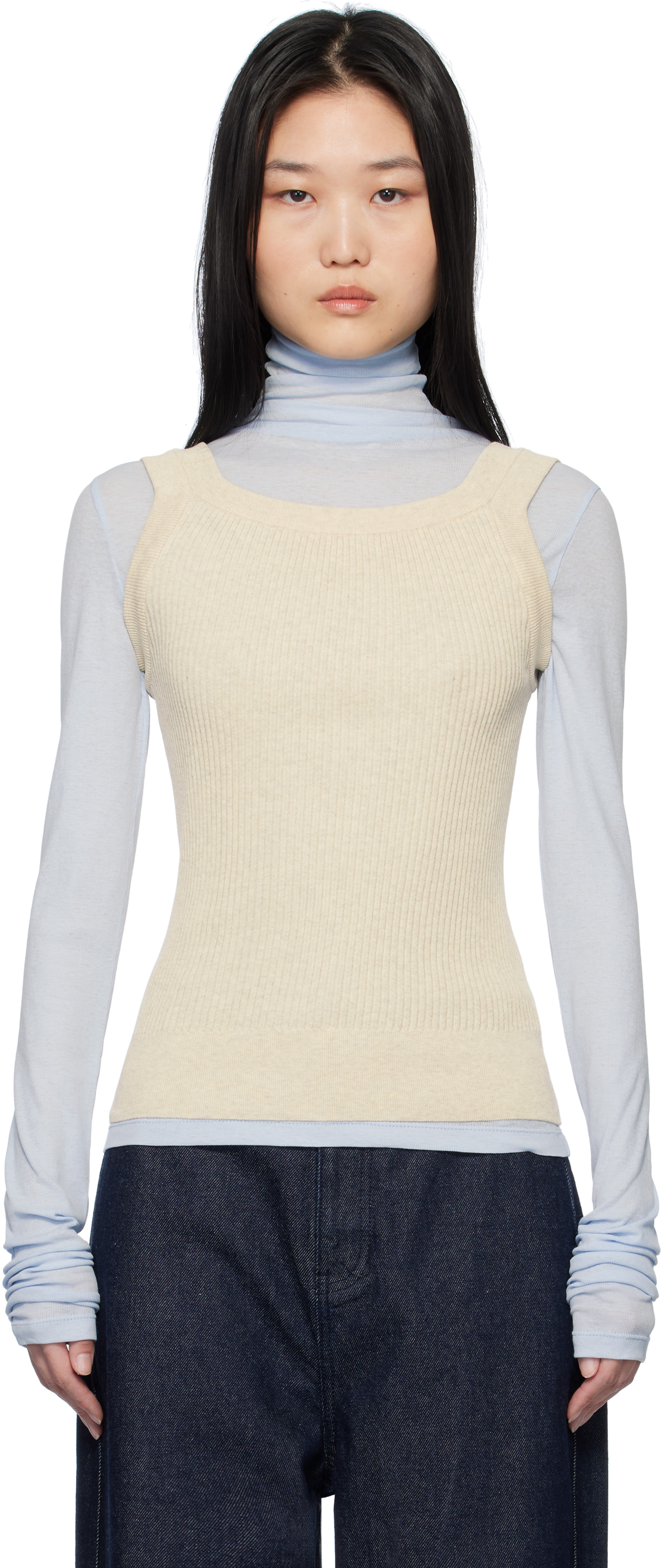 Beige Ribbed Scoop Neck Tank Top