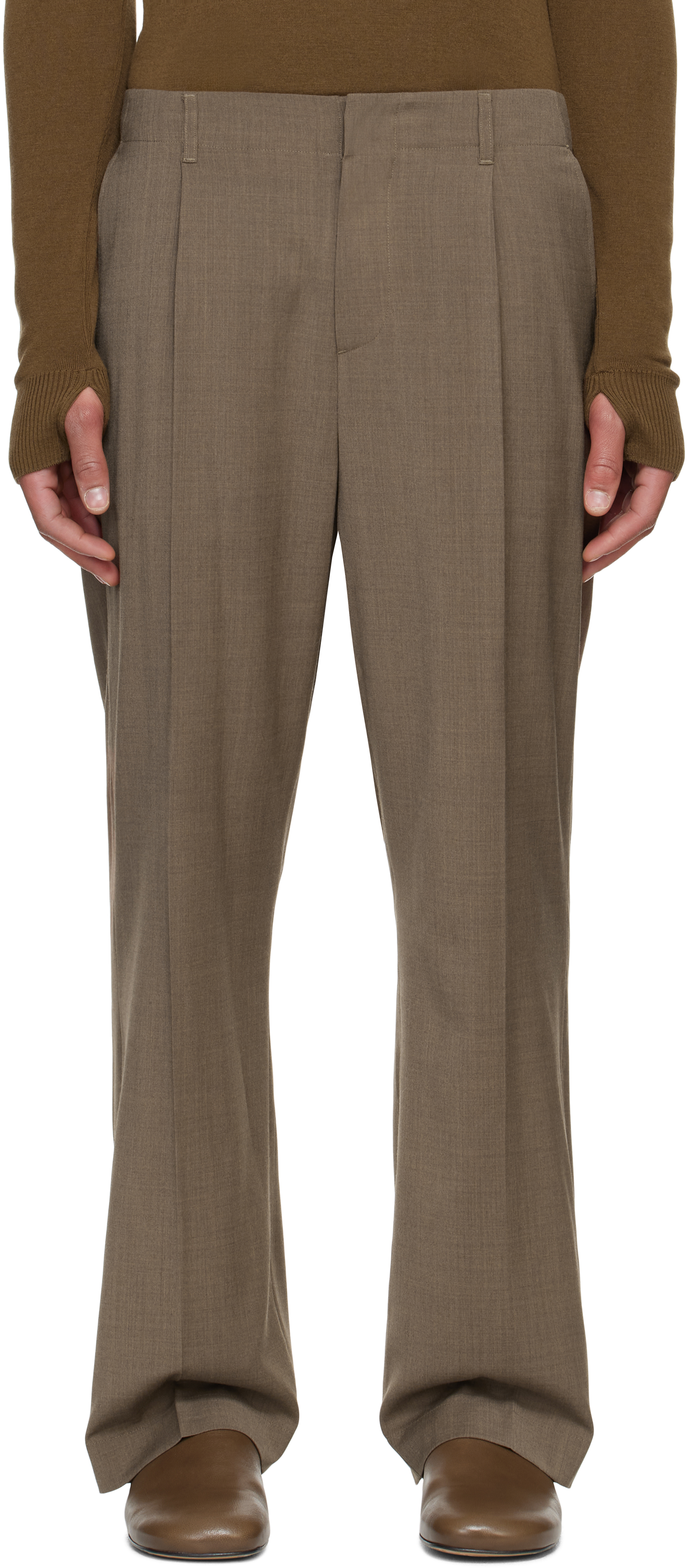 Beige Wool Belted Trousers