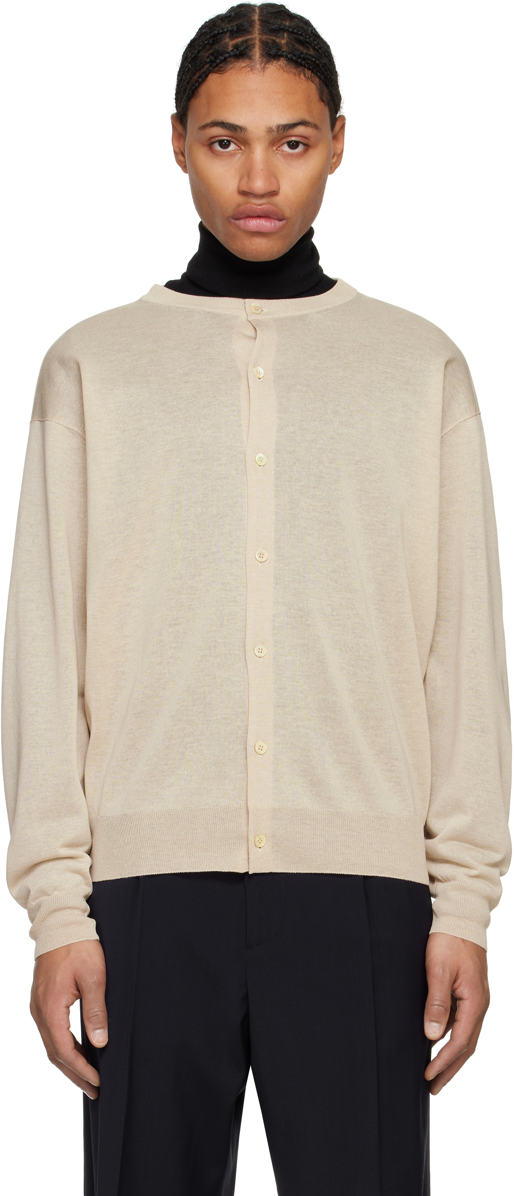 Beige Sheer Crewneck Cardigan